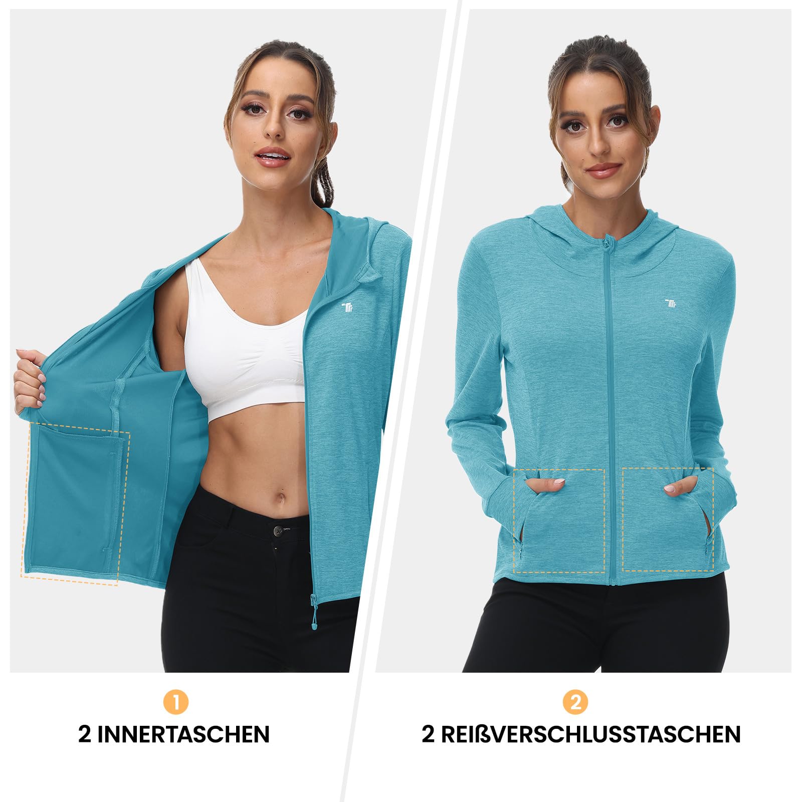 Rdruko Chaqueta de running para mujer con capucha UPF 50+ protección solar UV, con capucha y cremallera completa, chaqueta deportiva ligera, chaqueta de ciclismo de manga larga para correr, yoga
