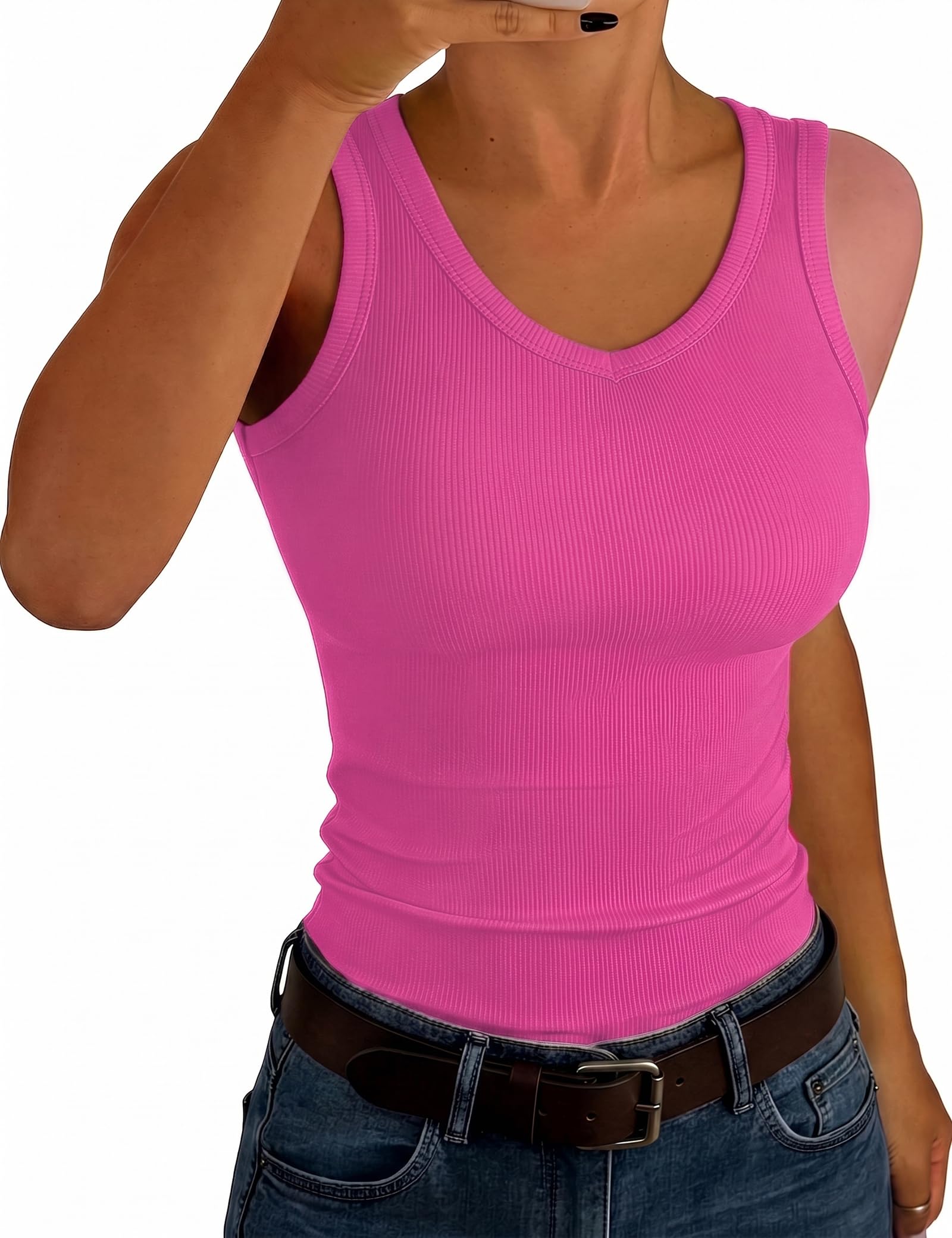Aottori Tank Top Damen V-Ausschnitt Sommer Oberteile Ärmellos Gerippt Slim Fit Tanktops Sexy Stretch Basic Unterhemd Casual Einfarbig