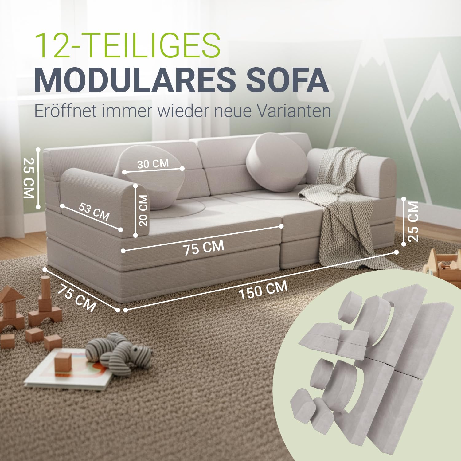 Juskys® Kindersofa Kayo – Cord, modular & weich, Sofa für Kinderzimmer & Spielzimmer, sicher, flexibel, pflegeleicht, mit abnehmbaren Bezügen – Beige