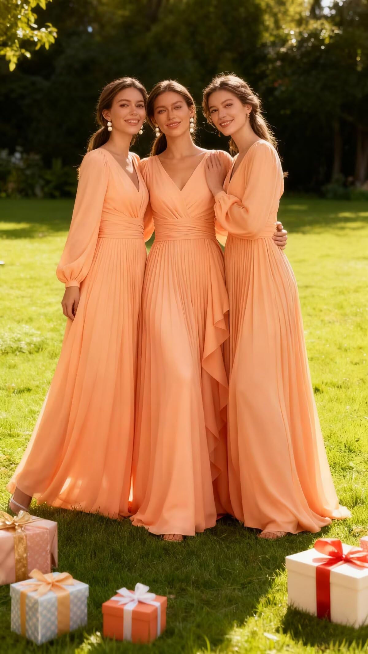 HUINI Langes Ärmel Plissiertes Brautjungfernkleid Chiffon V-Ausschnitt A-Linie formelles Abendkleid mit Taschen