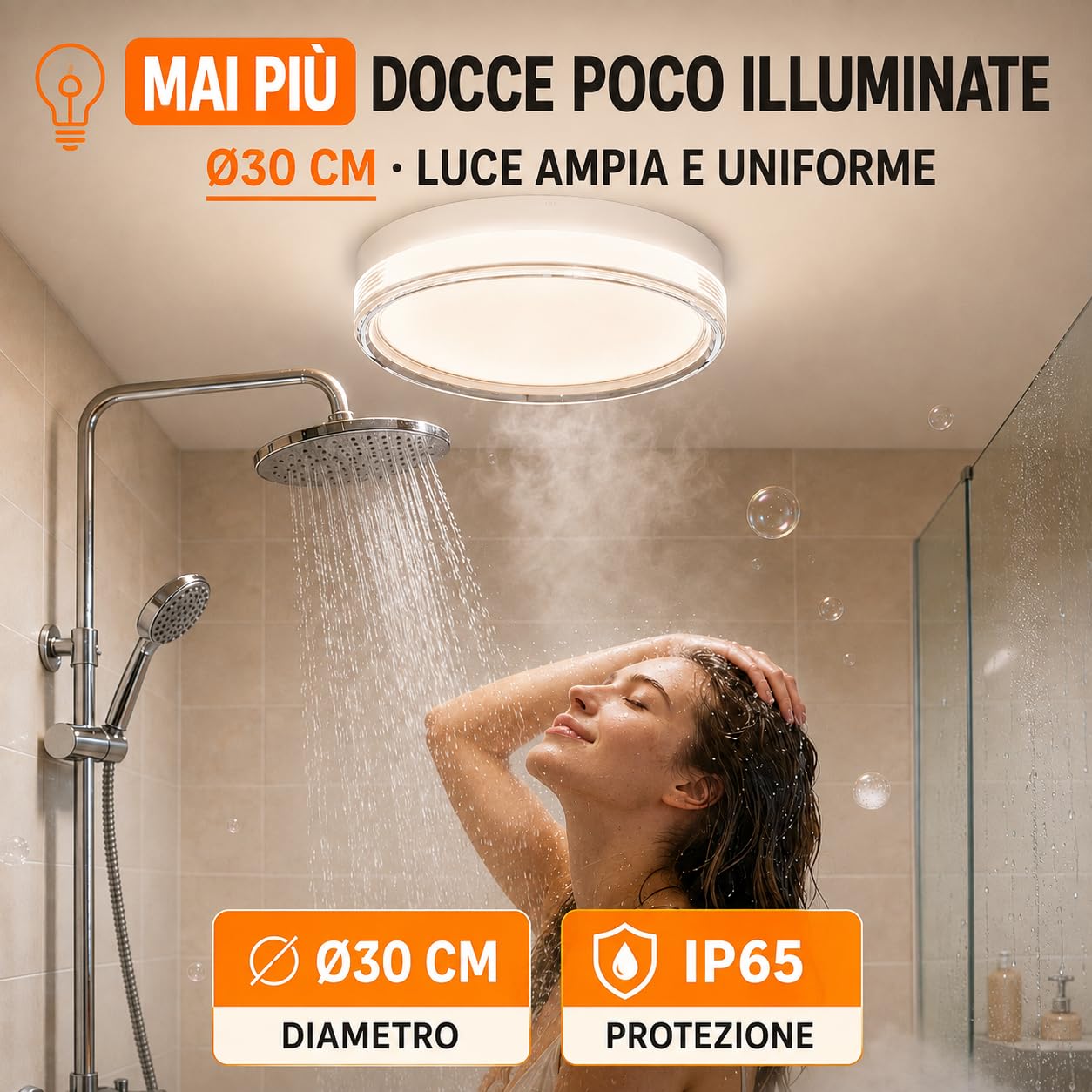 MARSI Plafoniera LED IP65 Ø30 cm 24W, 3 CCT 2800K 4000K 6000K | Bianca, installazione a soffitto o parete, per bagno, corridoio e balcone. Bordo in acrilico trasparente