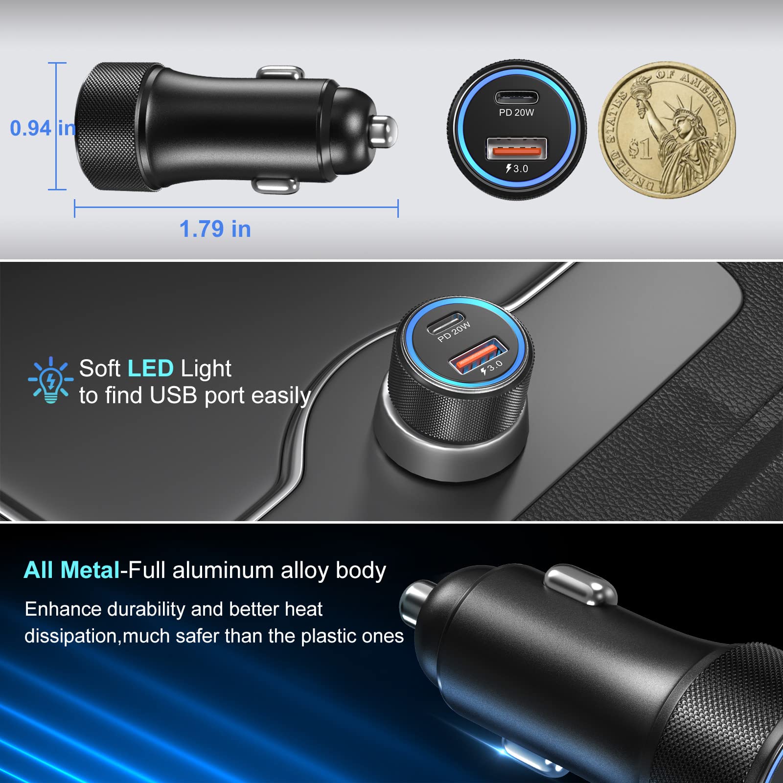Cargador de coche USB C, Bangfun [paquete de 5] Adaptador de cargador de coche USB rápido de 36W PD (negro)