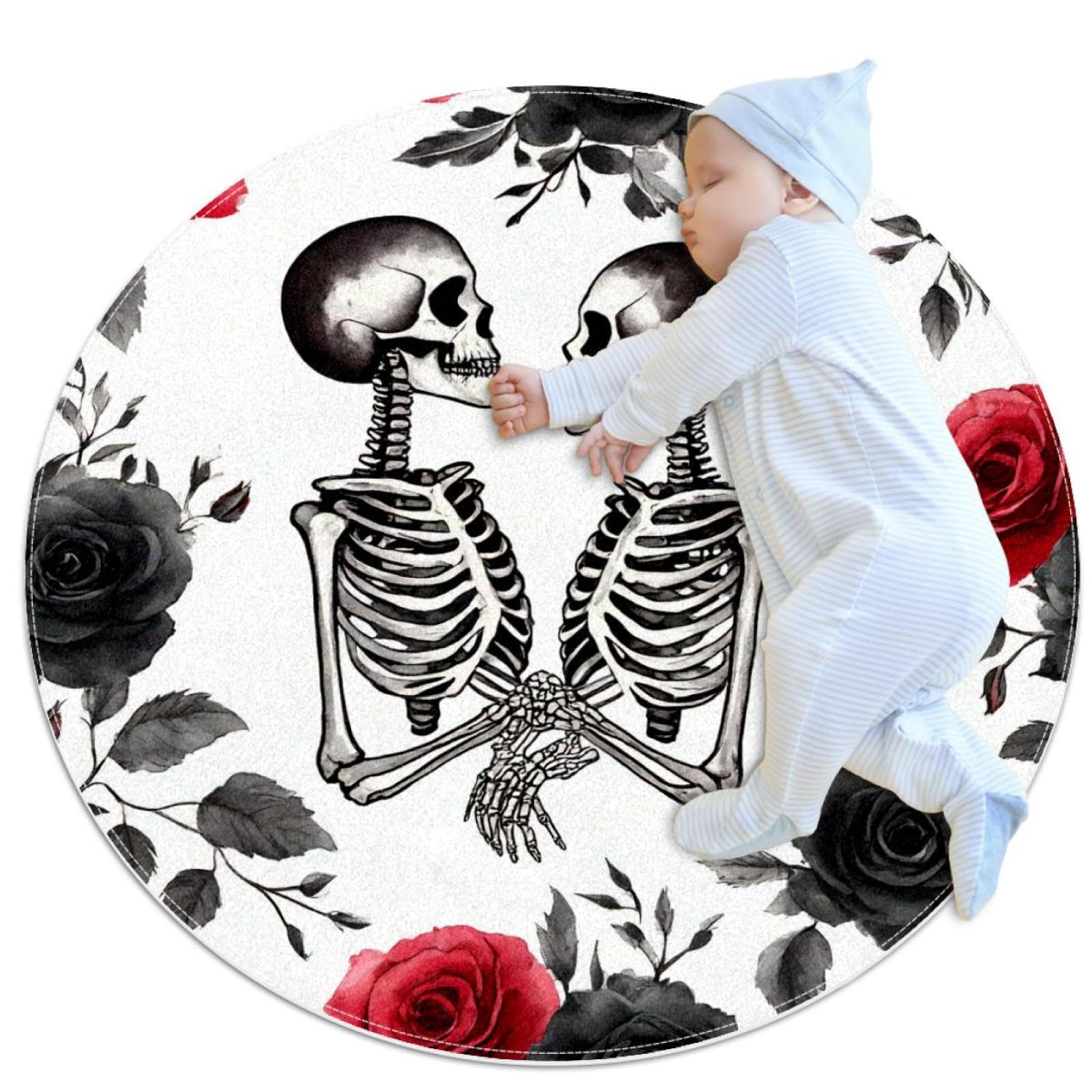 Tapis de salle de bain antidérapant rond motif crânes roses 1m pour canapé