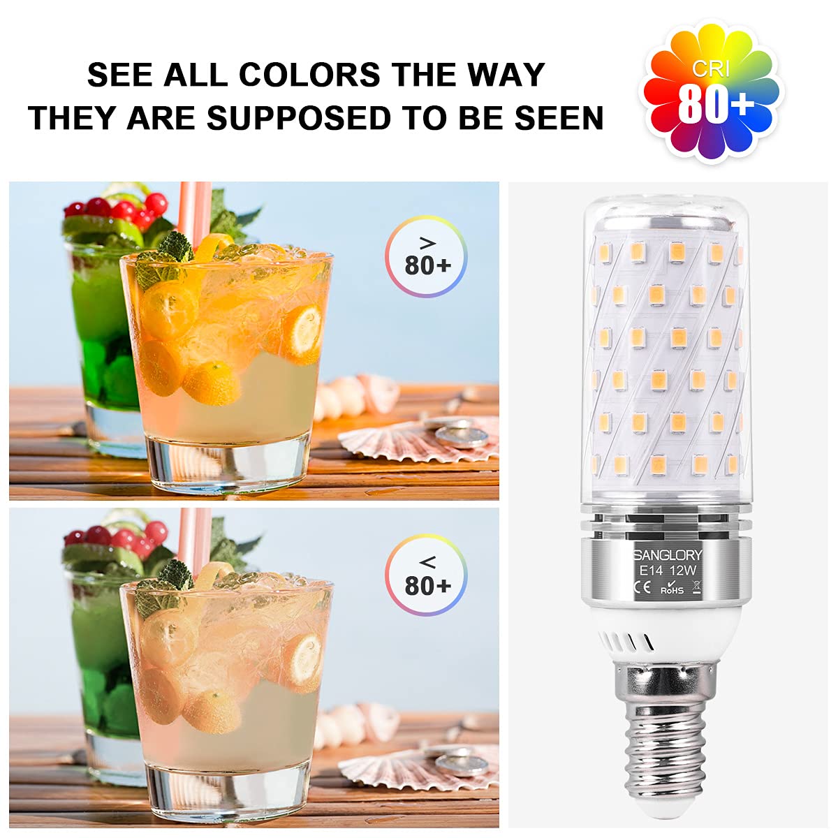 SanGlory Lampadine LED E14 Luce Calda, 12W equivalente a 100W Incandescenza, Bianco Calda 2700K Lampadina Mais E14, Non Dimmerabile Nessun Sfarfallio Risparmio Energetico Lampade, Pacco da 4