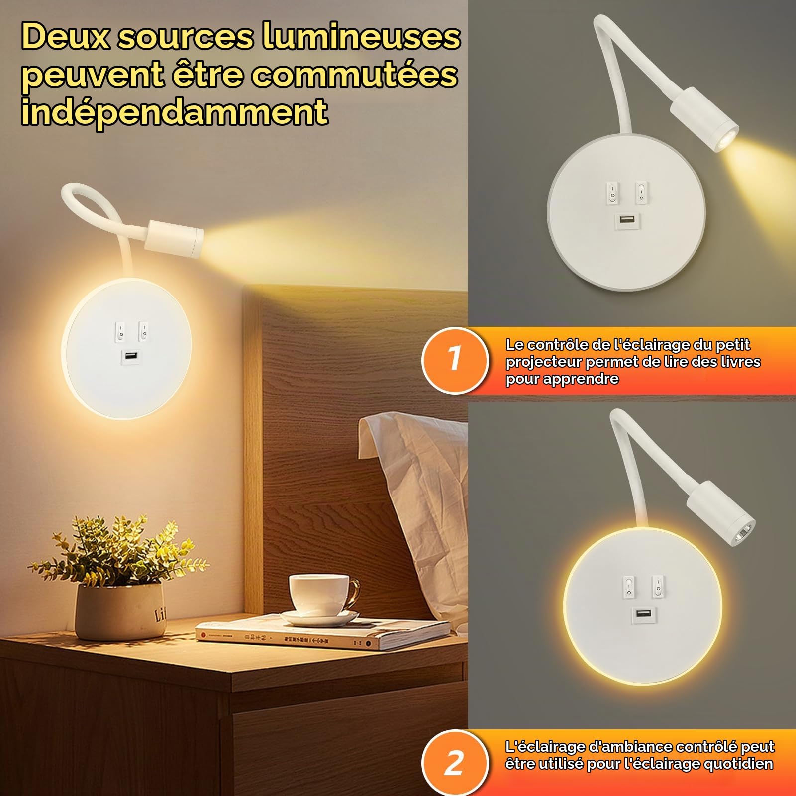 Weigudoc 2pcs Lampe de Lecture LED, Applique Murale LED à Col de Cygne, Liseuse de Chevet Réglable, avec Port de Charge USB et Interrupteur Lumières Murale Couloir (lumière Chaude 3W + 9W) (Blanc)