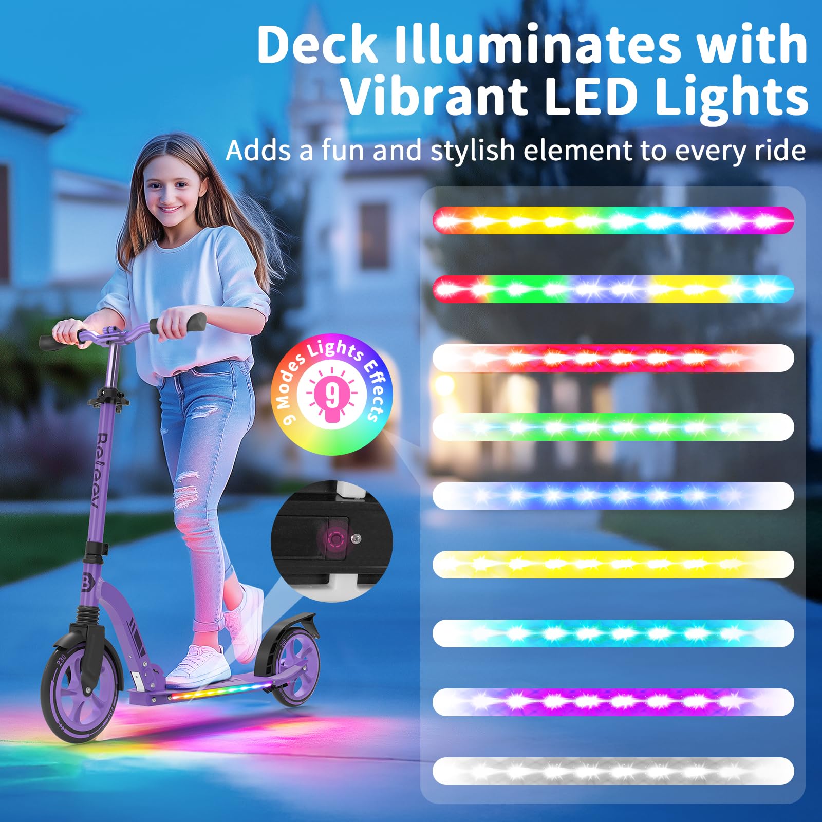 BELEEV Patinete Niño 2 Ruedas con LED Luces Deck,5 Altura Ajustable, Plegable Patinete Big Wheel 230mm Aluminio Scooter Adult con Correa de Transporte, Marco Resistente para 6+ Niño Niña y Adulto