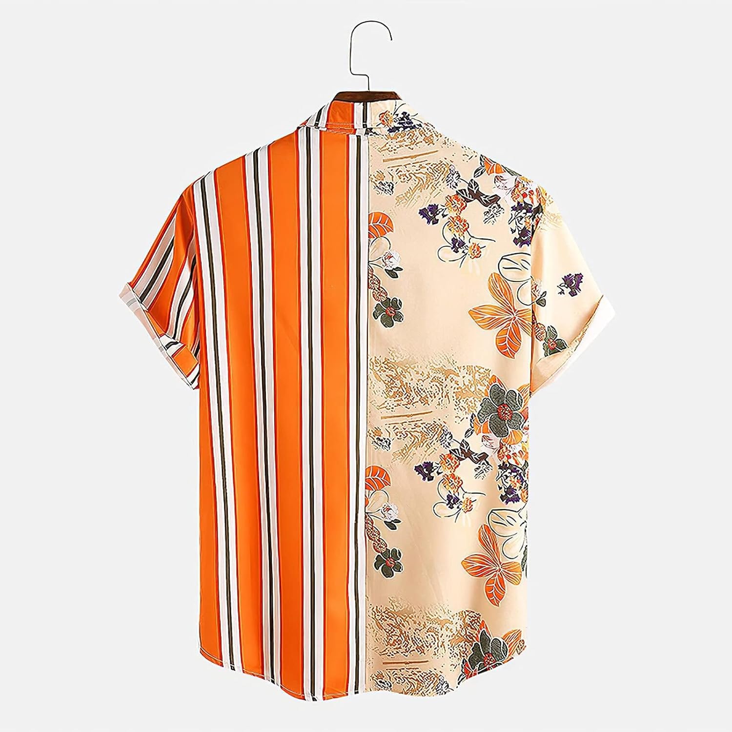 Mens Short Sleeve Button Down Shirt Casual Summer Striped Shirts Patchwork Hawaiian Print Beach Top - Image 3