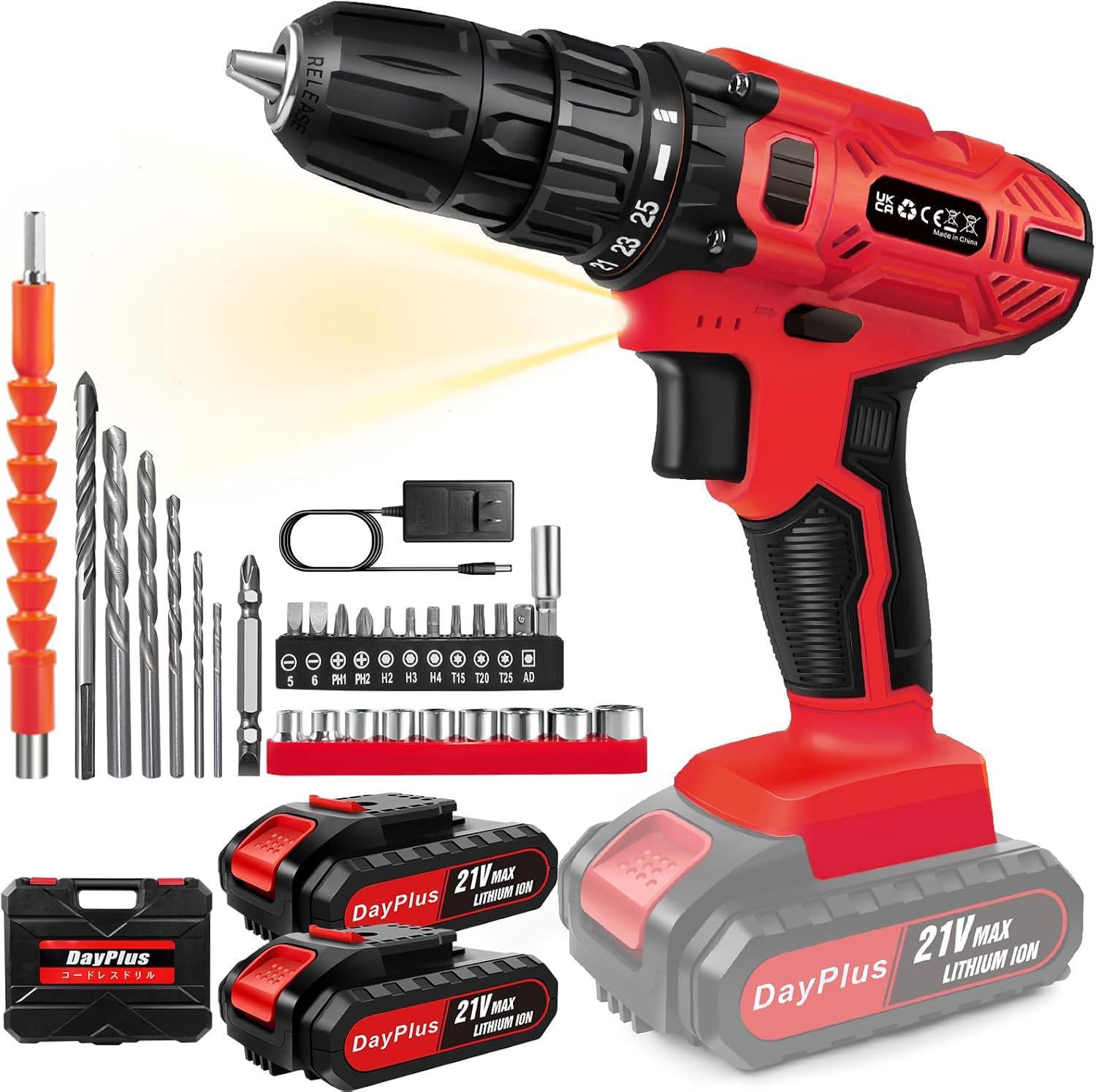 DayPlus 電動ドライバー 電動ドリル 21V 25+1段階トルク調節 最大45N.m 2段変速0-400RPM/0-1400RPM 1500mAhバッテリー*2 安全ロック 正逆切替 コードレス 収納ボックス付き 木工用 小型 軽量 DIY 家具の組 み立て