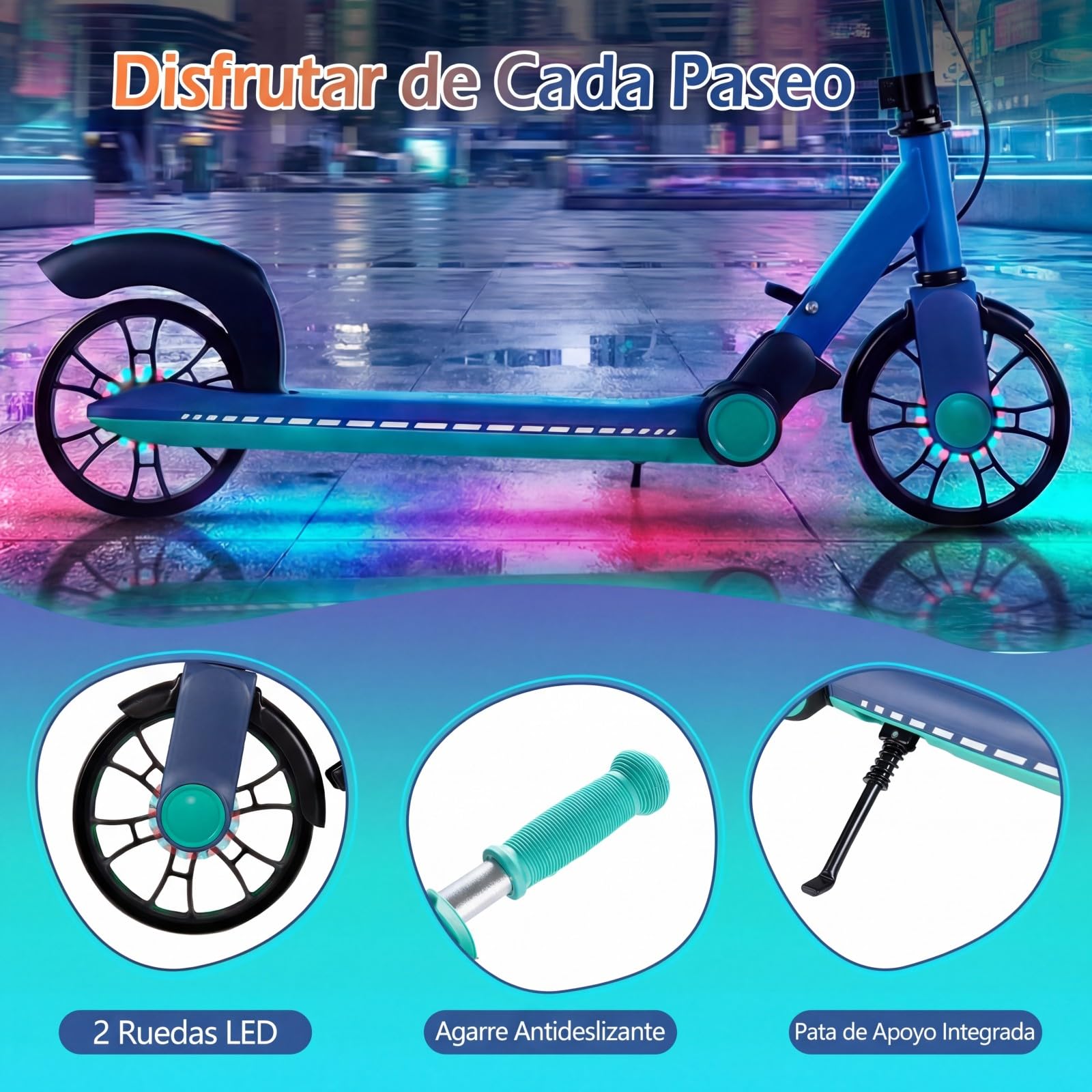 COSTWAY Patinete Plegable con LED Luminosas, Scooter Urbano de Altura Ajustable de 3 Nivles, Patinete Aluminio Ligero de 2 Ruedas para Adolescentes y Adultos, Niños 6+ Años, Carga 100kg — view 5
