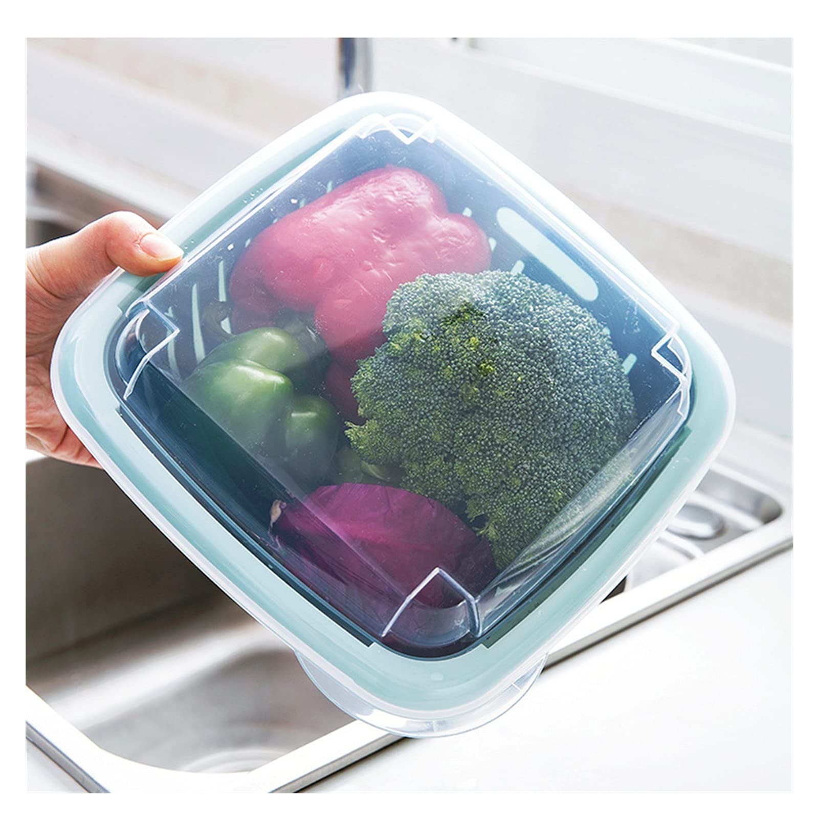 Colador de Cocina Tazón de canasta de drenaje con tapa Cuadrado Fruta Vegetal Cuenca Cesta de lavado Cocina Sellado Fresco Mantenimiento de almacenamiento Caja de almacenamiento Juego de Crisper Colad
