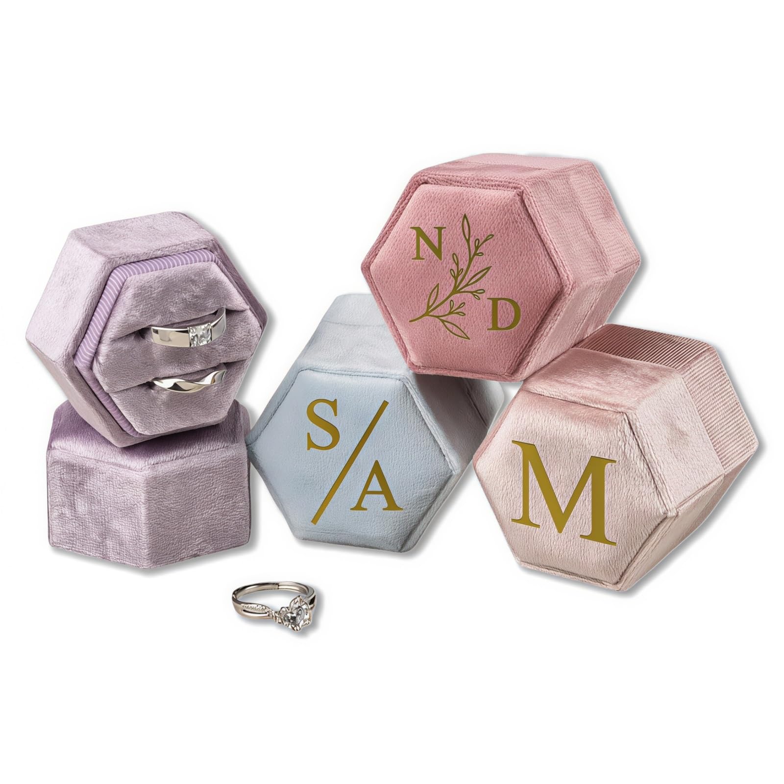 Personalized Hexagon Velvet Ring Box, Double Slot Ring Bearer Holder With Custom Initials, Elegant Wedding Ceremony Ring Showcase & Anniversary Keepsake