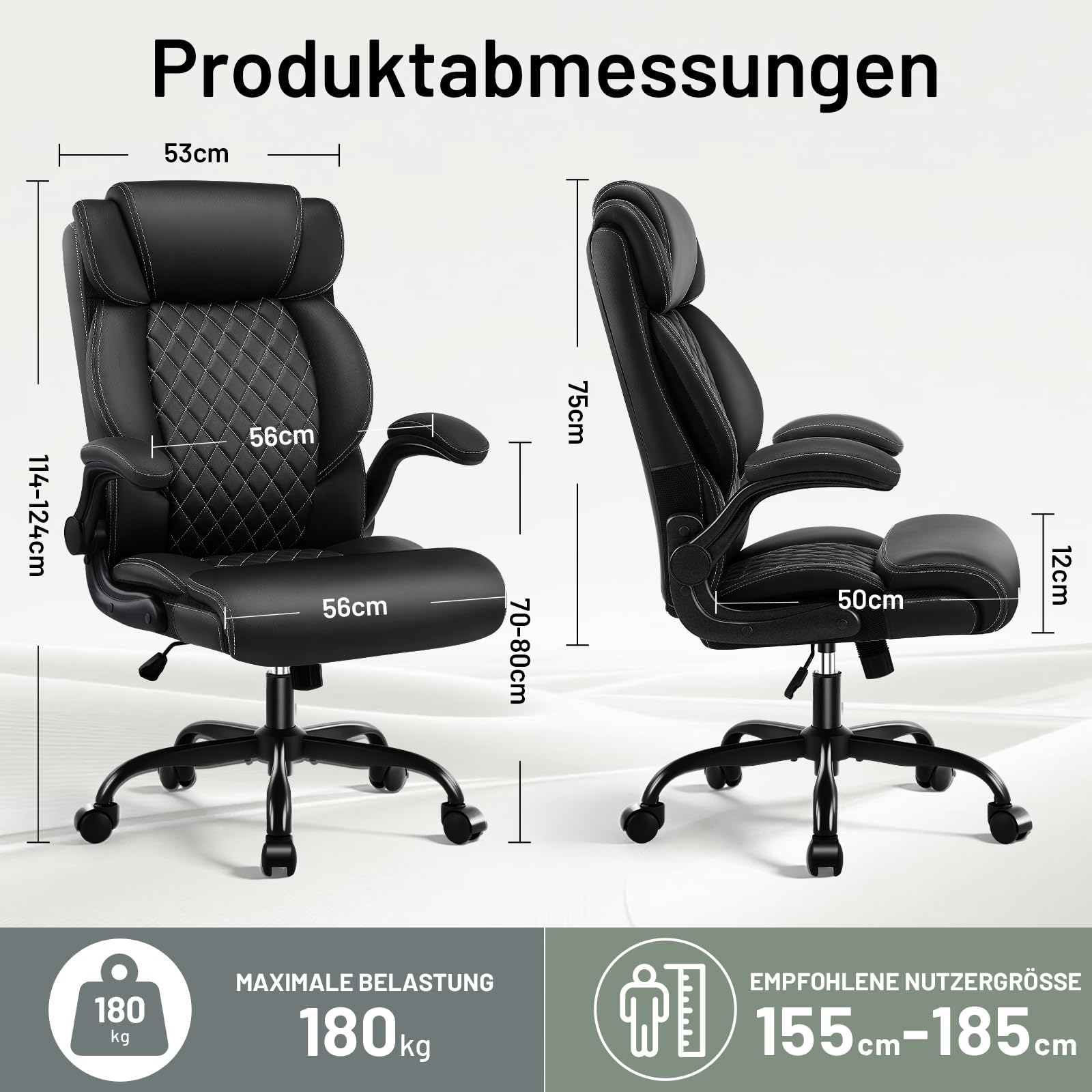 Chefsessel bis 200 kg, Bürostuhl Ergonomisch aus Kunstleder mit Verstellbaren Armlehnen und Rollen, Drehstuhl mit Hoher Rückenlehne – CompuetrStuhl für Büro und Homeoffice, Schwarz