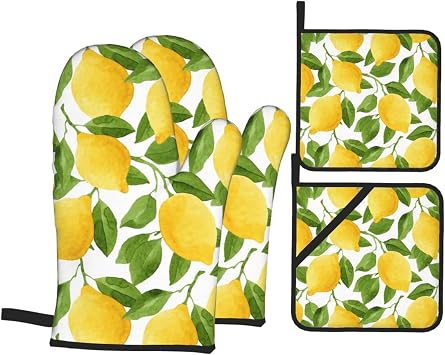 Yellow Lemon Oven Mitts and Pot Holders Set of 4, Oven Mittens and Potholders Heat Resistant Gloves for Kitchen Cooking Baking Grilling BBQ