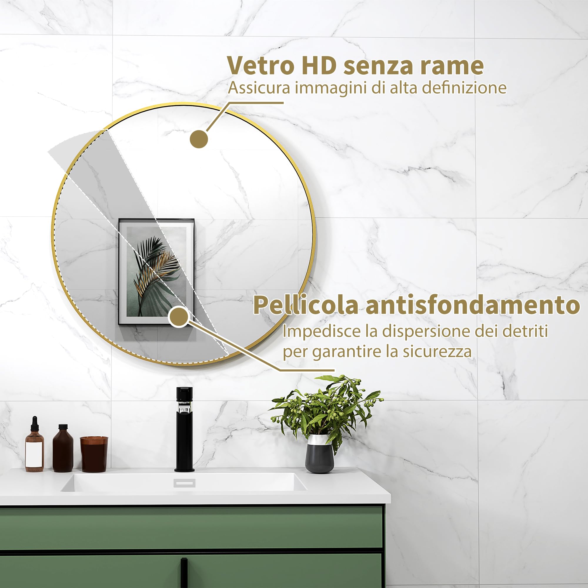 HOMCOM Specchio Bagno Rotondo Ø70cm in Vetro, Specchio da Parete Moderno con Cornice in Metallo, con Superficie Antiurto, per Camera da Letto, Ingresso, Soggiorno, Oro