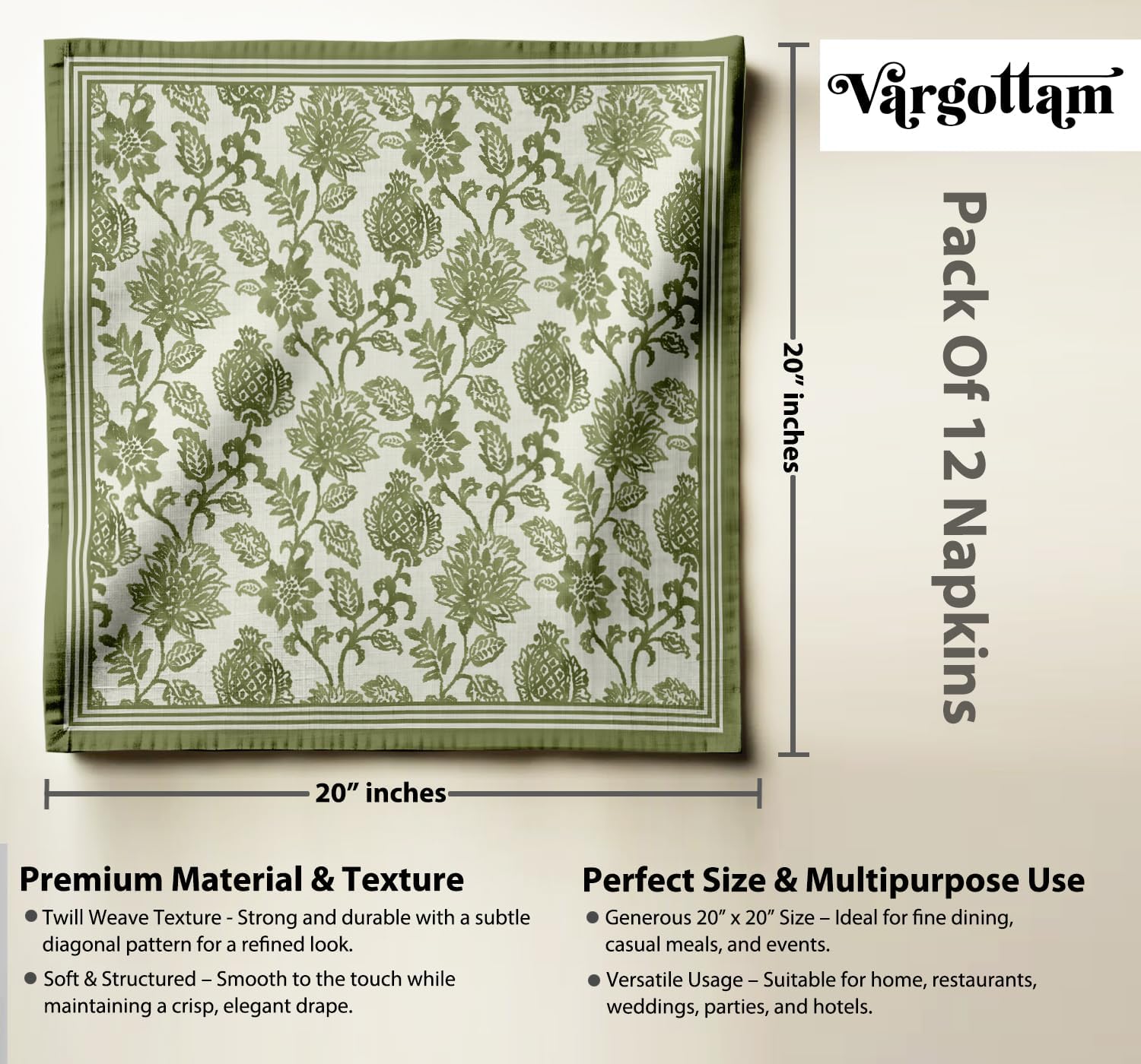 Luxury Cotton Twill Napkins - Set of 12, 20-Inch Green Floral Pattern, Premium Thick Cloth Napkins for Elegant Dining & Special Occasions - Soft, Absorbent & Machine Washable