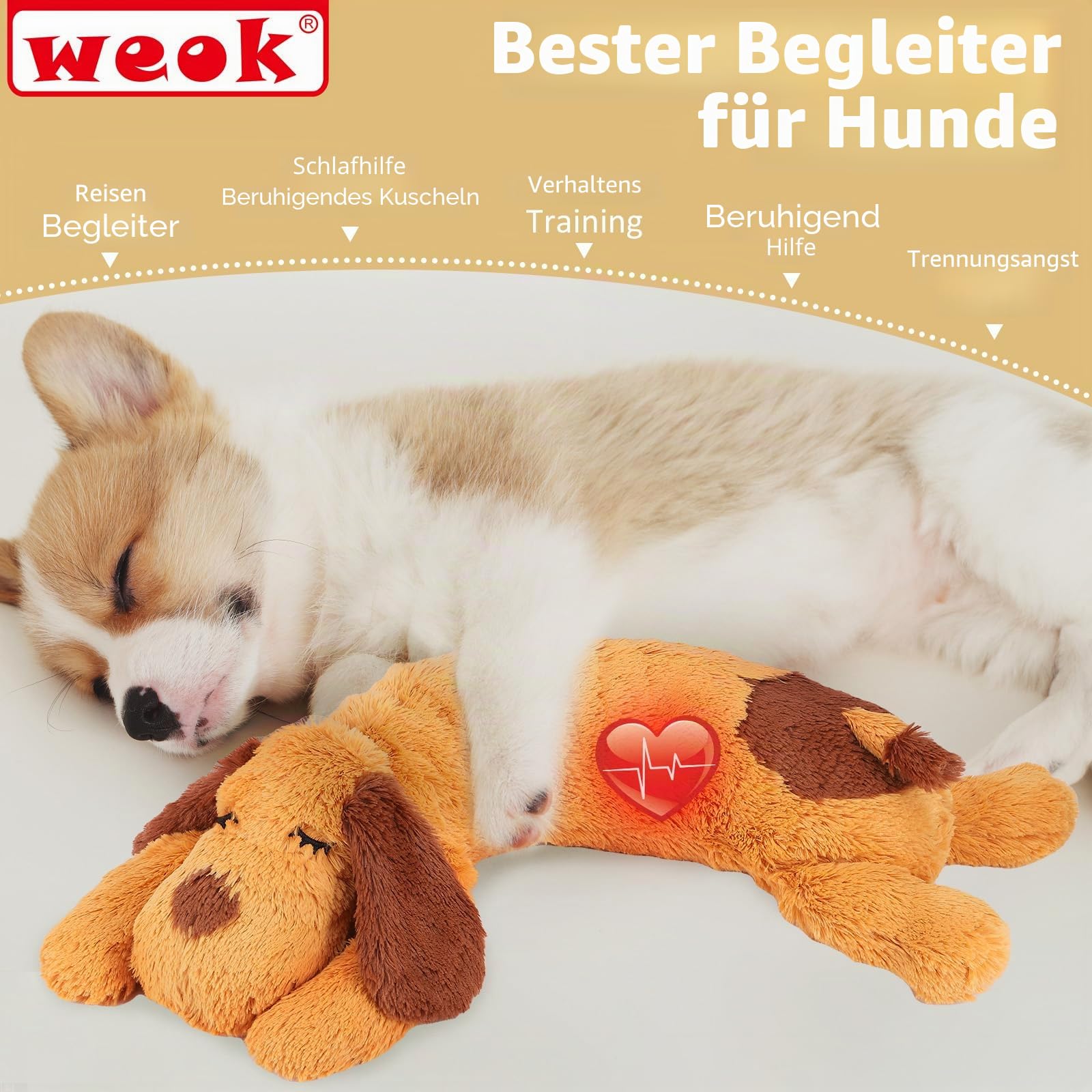 WEOK Herzschlag-Welpenspielzeug – Komfort-Kuschelkissen, zur Linderung von Angstzuständen, beruhigende Hilfe, Herzschlag-Spielzeug für Hunde, Welpenherzschlag-Spielzeug, Schlafhilfe