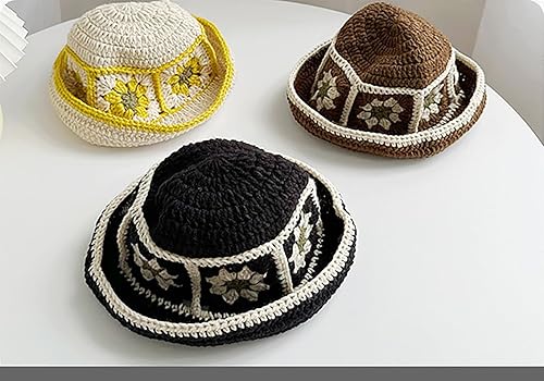 Miniatura 10 de Sombrero de pescador de ganchillo de punto de lana para mujer, gorro floral para otoño e invierno, cálido sombrero de empalme de moda para salida a