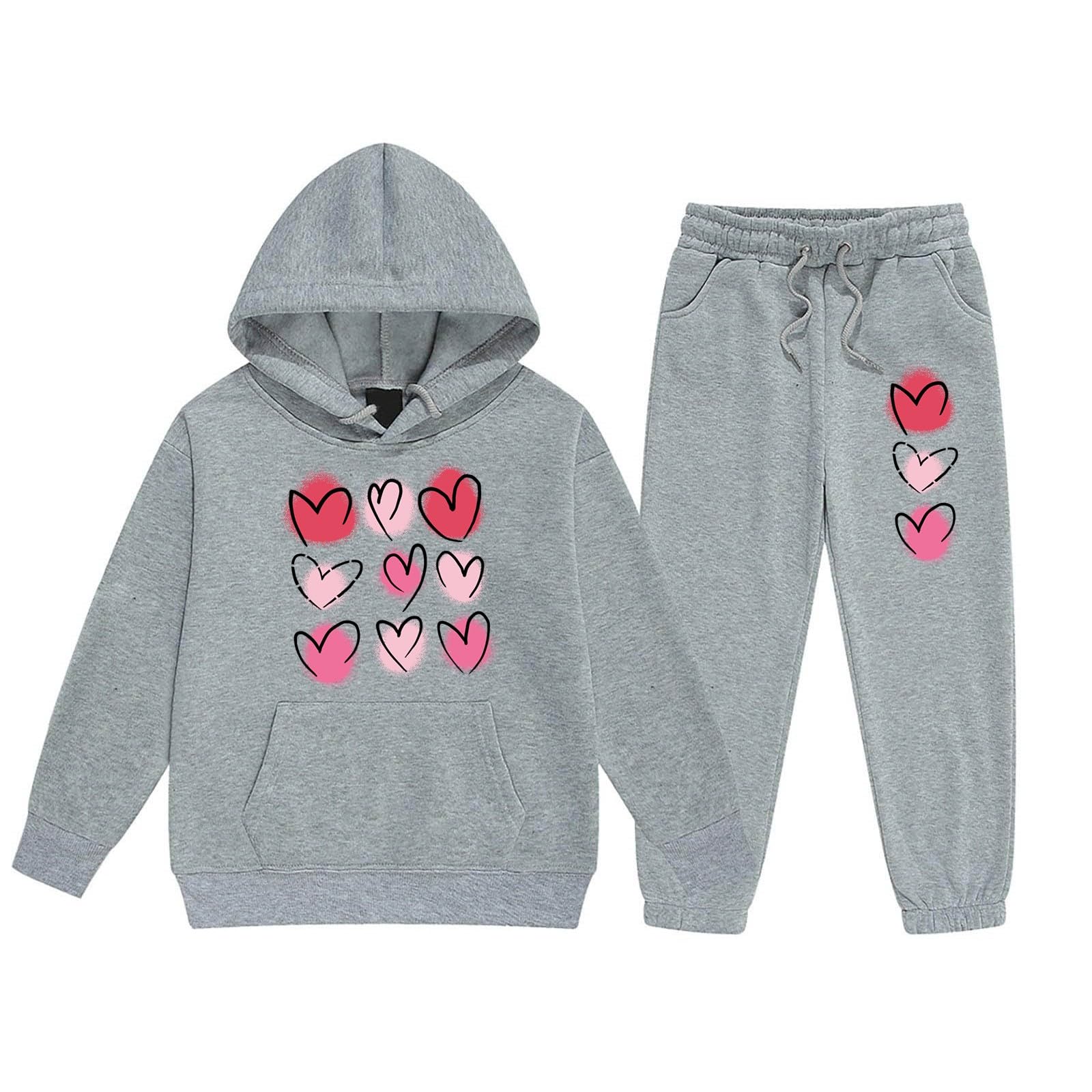 Conjunto de entrenamiento para niñas, 2 piezas, otoño 2025, con capucha, manga larga, gráfico, cómodo, estampado de corazón, pantalones de chándal para salir, correr, viajar, acogedor
