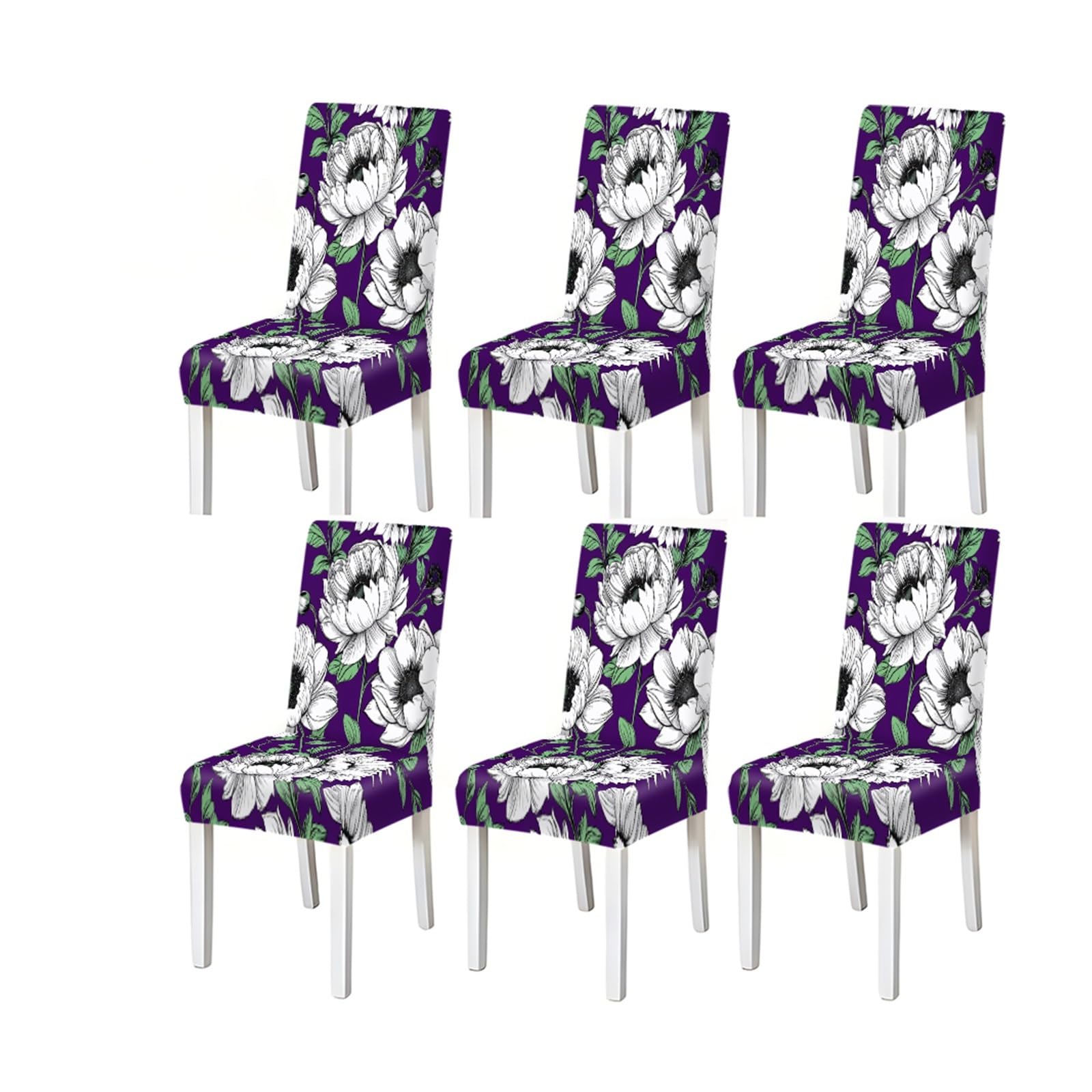 Bosuybn One Color Purple White Anemone Floral Print Dining Chair Covers, Stretch Slipcovers For Home Kitchen Dining Room Party, 2/4/6Pcs Furniture Protectors For Home Dining Room(6Pcschair Cover)