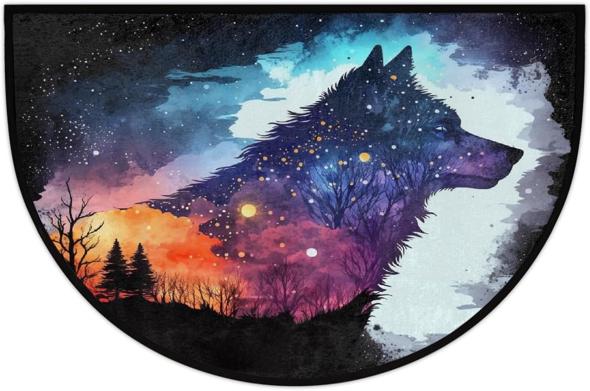 Half Round Door Mat Animal Wolf Abstract Colorful Half Moon Rug Washable Half Circle Area Rugs Indoor Entrance Non Slip Semi Circle Bathroom Rugs Floor Carpet for Kithen Bedroom Fireplace Decor