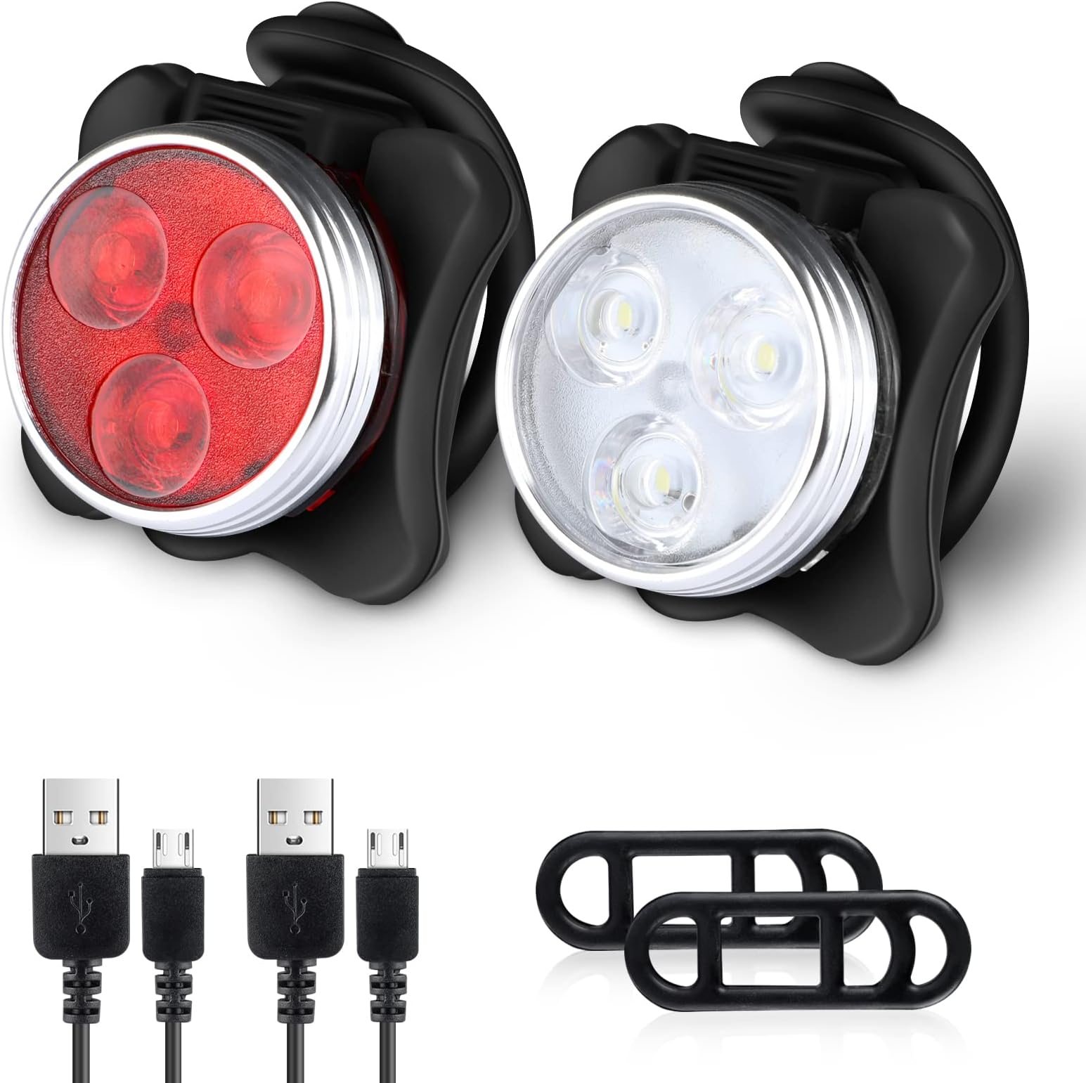 Bike Light Set, Super Bright USB Rechargeable Bicycle Lights, 4 Brightness Modes Options Cycling Front Light & Rear Light, Waterproof Mountain Road Bike Lights(2 Cables, 4 Straps)