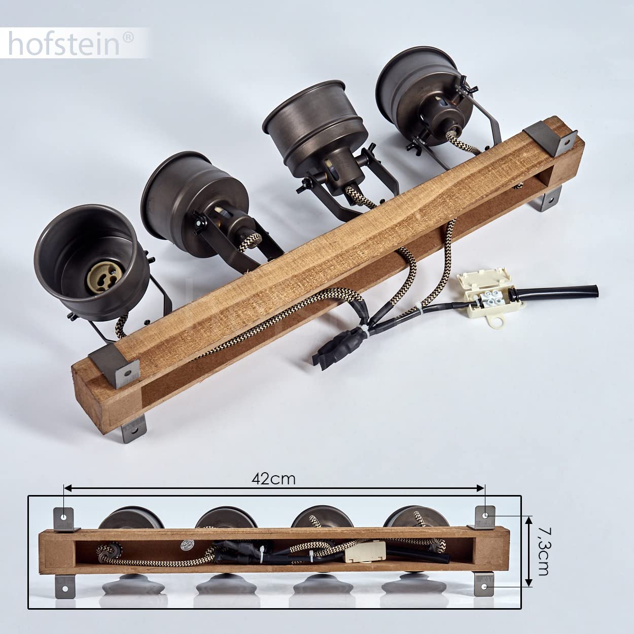 HOFSTEIN Deckenleuchte Pehefito, verstellbare Deckenlampe aus Metall/Holz in Schwarz/Braun, Leuchte im Industrial/Retro/Vintage-Design mit Holzbalken, 4 x GU10, Wohnzimmer, Esszimmer, Schlafzimmer