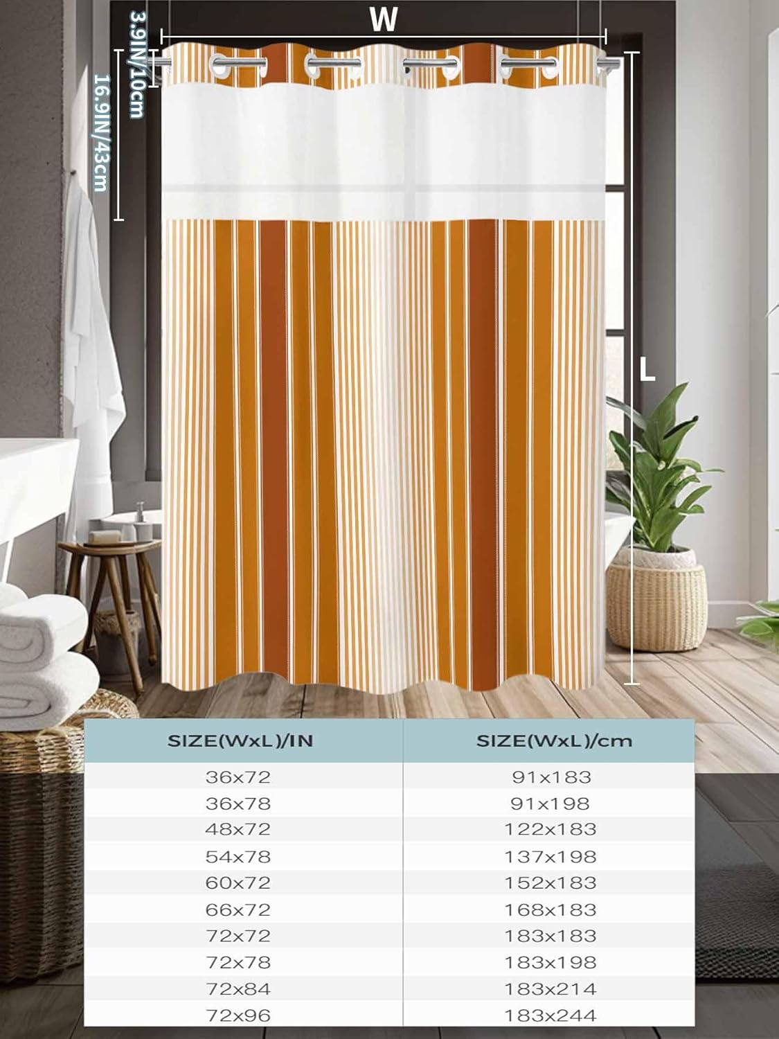 No Hook Shower Curtain, Burnt Orange Ombre Stripe Long Bathtub Curtains with Snap in Liner, Farmhouse Simple Striped Waterproof Washable Fabric Bathroom Curtain Sets, 72" x 78"