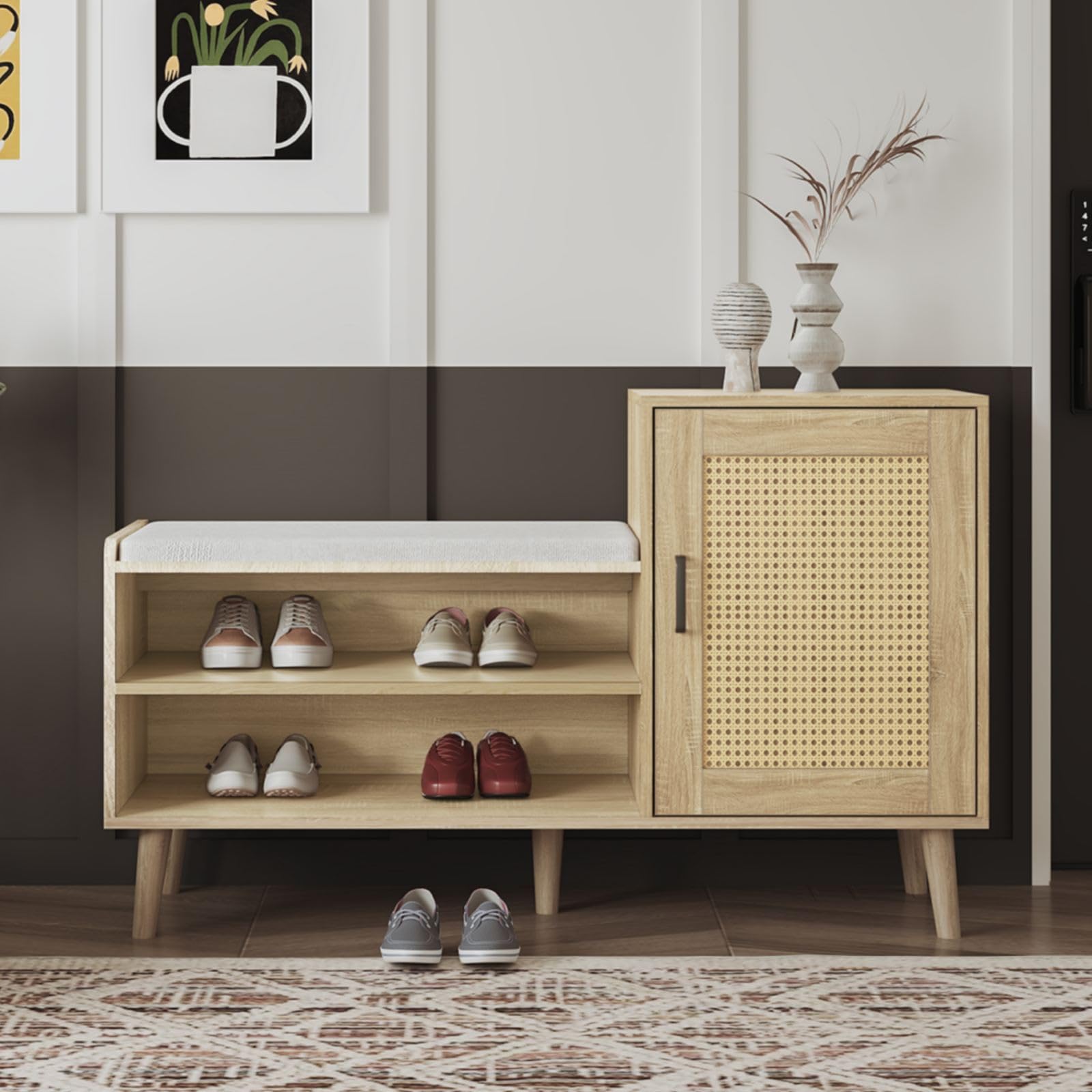 LOCHE Scarpiera In Rattan Design Slim - Armadietto Salvaspazio 60x32x90 Cm Per Ingresso E Soggiorno - Colore Caffè