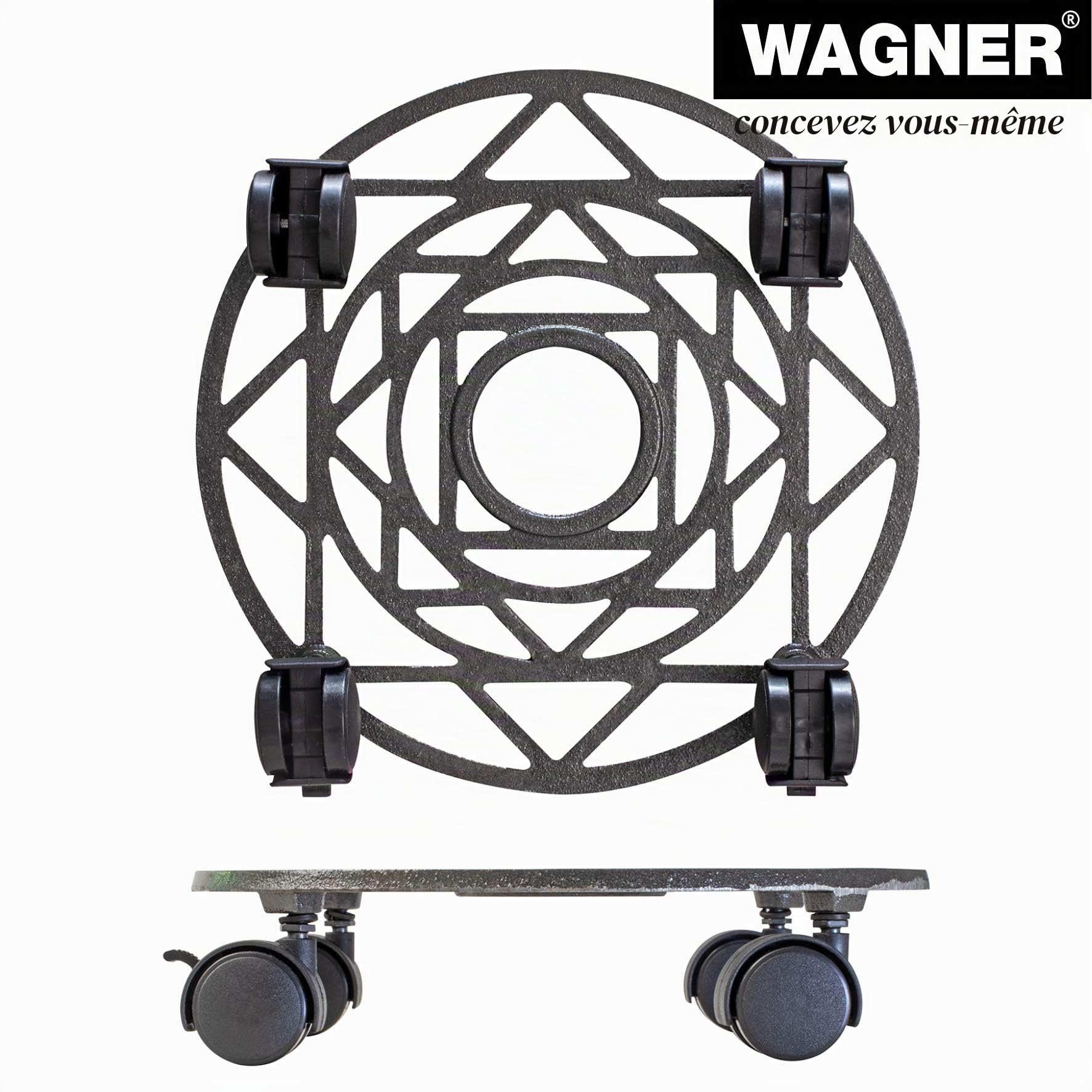 WAGNER Support à roulettes pour Pot de Fleur ÉTOILE Ø 29 x 6,5 cm I pour l'intérieur + l'extérieur I Roule Pot en Fonte, Couleur Nickel I 2 Freins I Capacité de Charge 50 kg - 20092101