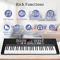 Vista 4 de Vangoa Piano de teclado iluminado de 61 teclas para principiantes, 350 tonos y timbres, 3 modos de enseñanza, con micrófono, negro