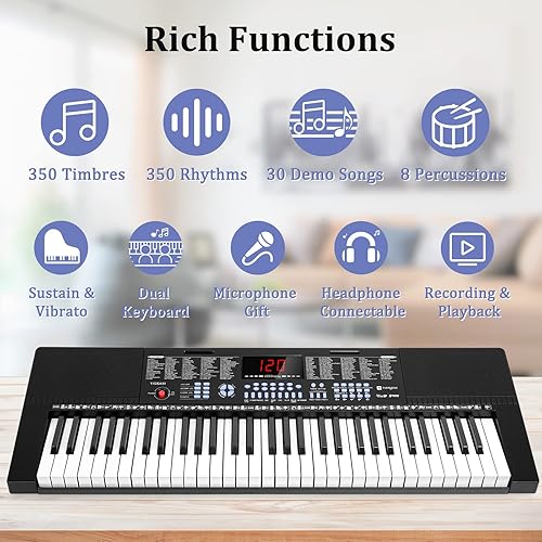 Miniatura 40 de Vangoa VGK611 - Teclado eléctrico para principiantes, teclado de música portátil de 61 teclas con mini teclas iluminadas, piano electrónico