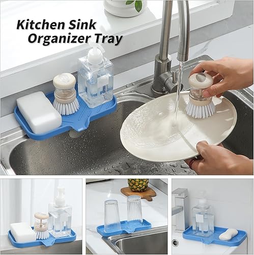 Vista 58 de Jaboneras de baño de silicona con boquilla de drenaje, organizador de fregadero de baño y cocina, soporte para esponja, bandeja de jabón para Gris