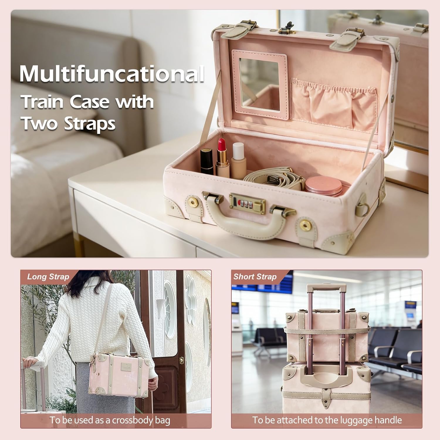 Vintage Carry-on Luggage Set of 2, Retro Leather Suitcase with Cosmetic Train Case for Women(Velvet Pink, 20''+12'')