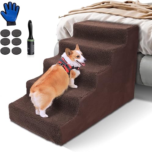 HEVOL Escalones para mascotas para cama alta, escaleras ampliadas para perros de 5 niveles con funda extraíble y lavable, escaleras de plástico para