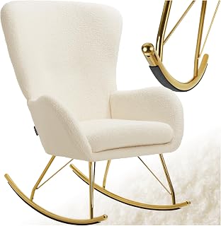 TecTake® Mecedora con Respaldo Grande y cojín extraíble, Acolchado Grueso, Estructura de Acero Resistente, sillón, Silla Relax, butaca Dormitorio, Mecedora Lactancia - Crema/Oro