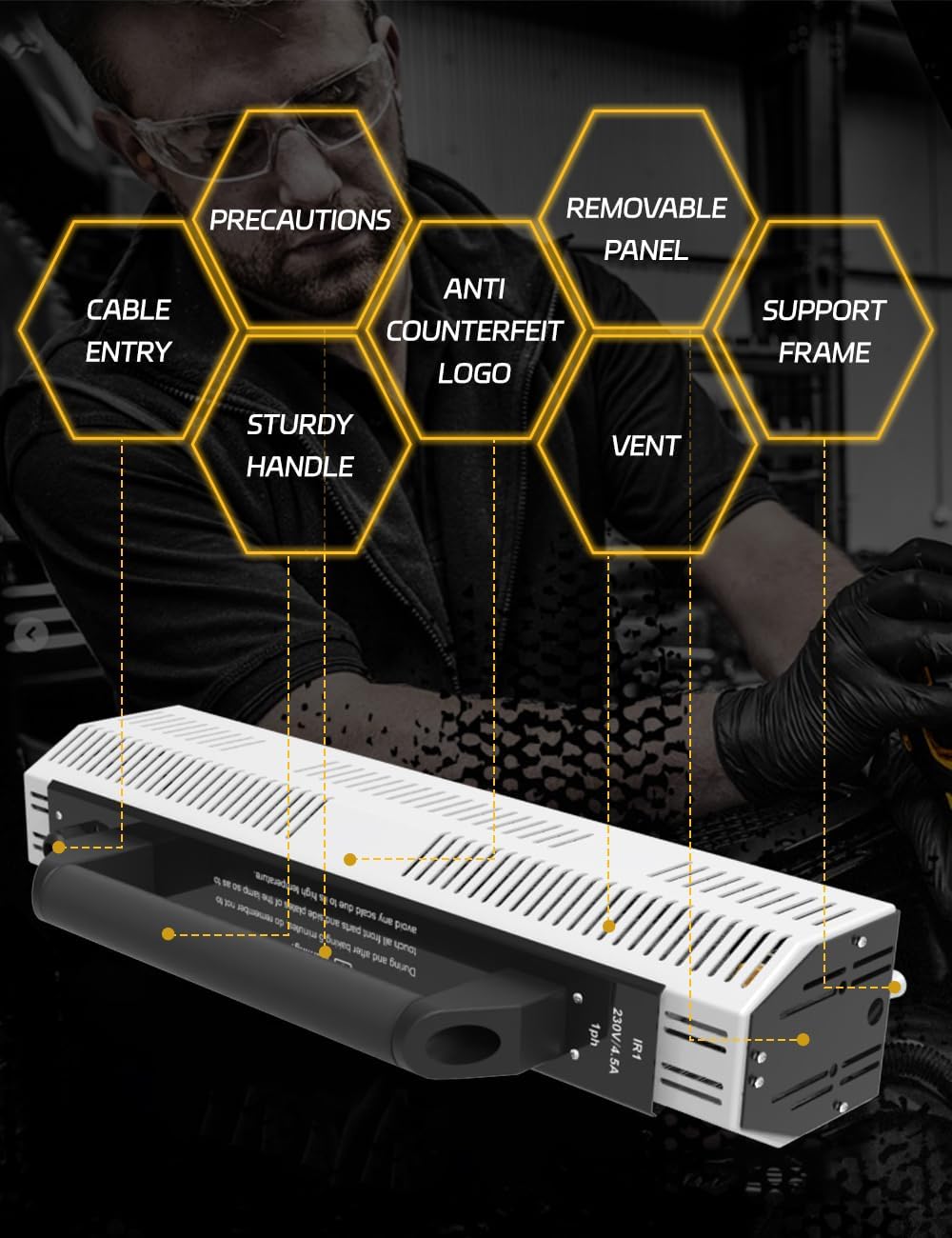 Solary Infrared Paint Curing Lamp, 1000W 110V Hand-held Short Wave Infrared Heater for Automotive Spray, Car Bodywork Repair Paint Dryer