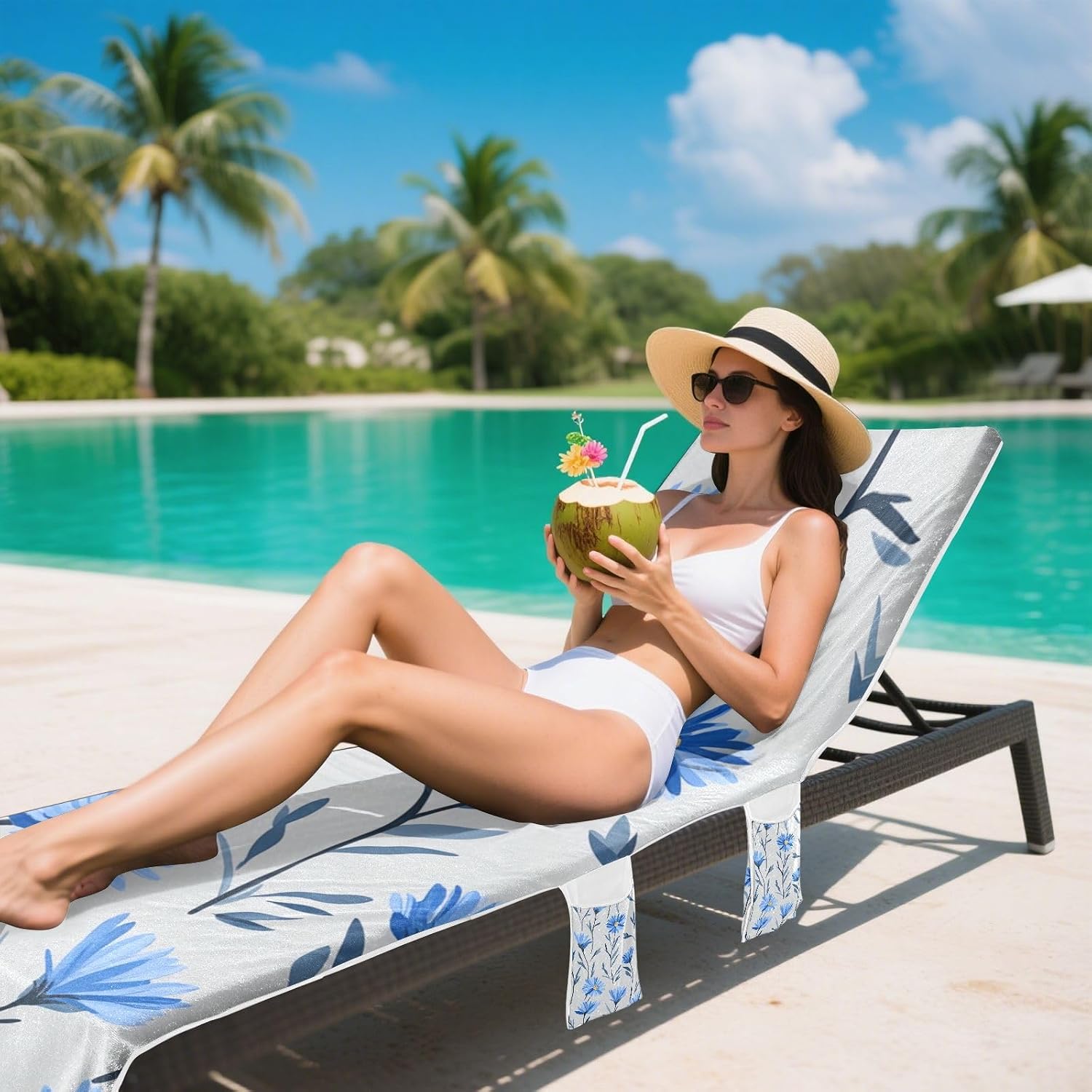 Cartoon Cornflower Grey Background Patio Chaise Lounge Chair Cover Waterproof Patio Chaise Lounge Chair Towels with Pockets for Outdoor Pool Beach Sunbathing, 85" X 30"