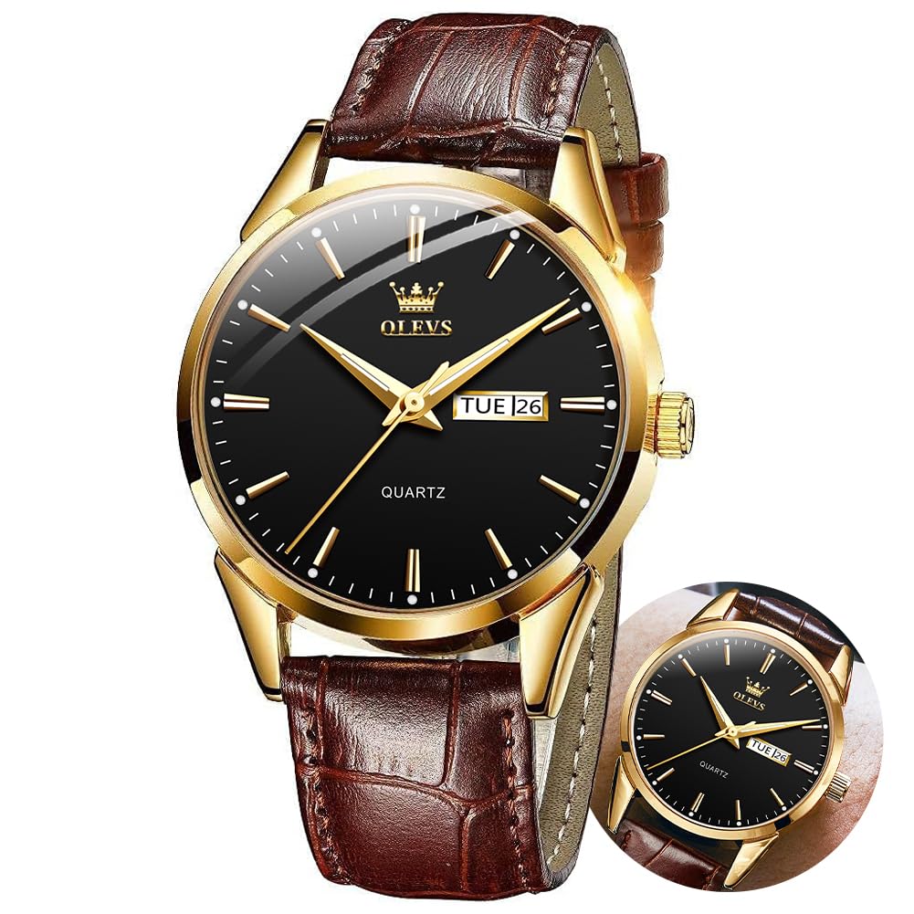OLEVS Men Watch Leather Analog Quartz Male Dress Week Date Business Classic Luminous Leather Strap 3ATM Waterproof Wrist Watch Lovers