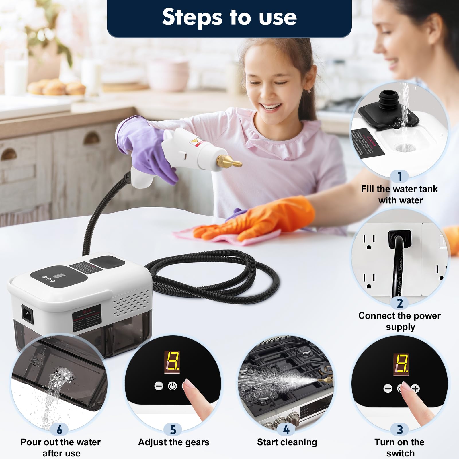 Dampfreiniger Handgerät,2500W Hochtemperatur Druckdampfreinigungsmaschine | 3 Bar für effiziente Haushaltsreinigung,9 Modi einstellbar, 1.2L Kapazität (Weiß)