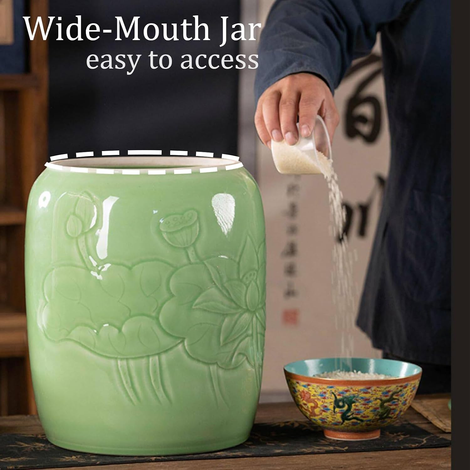 Ceramic Rice Storage Container, Decorative Airtight Storage Jars, Chinese Style Grain Storage with Lid, Ideal for Coffee Beans, Sugar, Snacks, Pasta