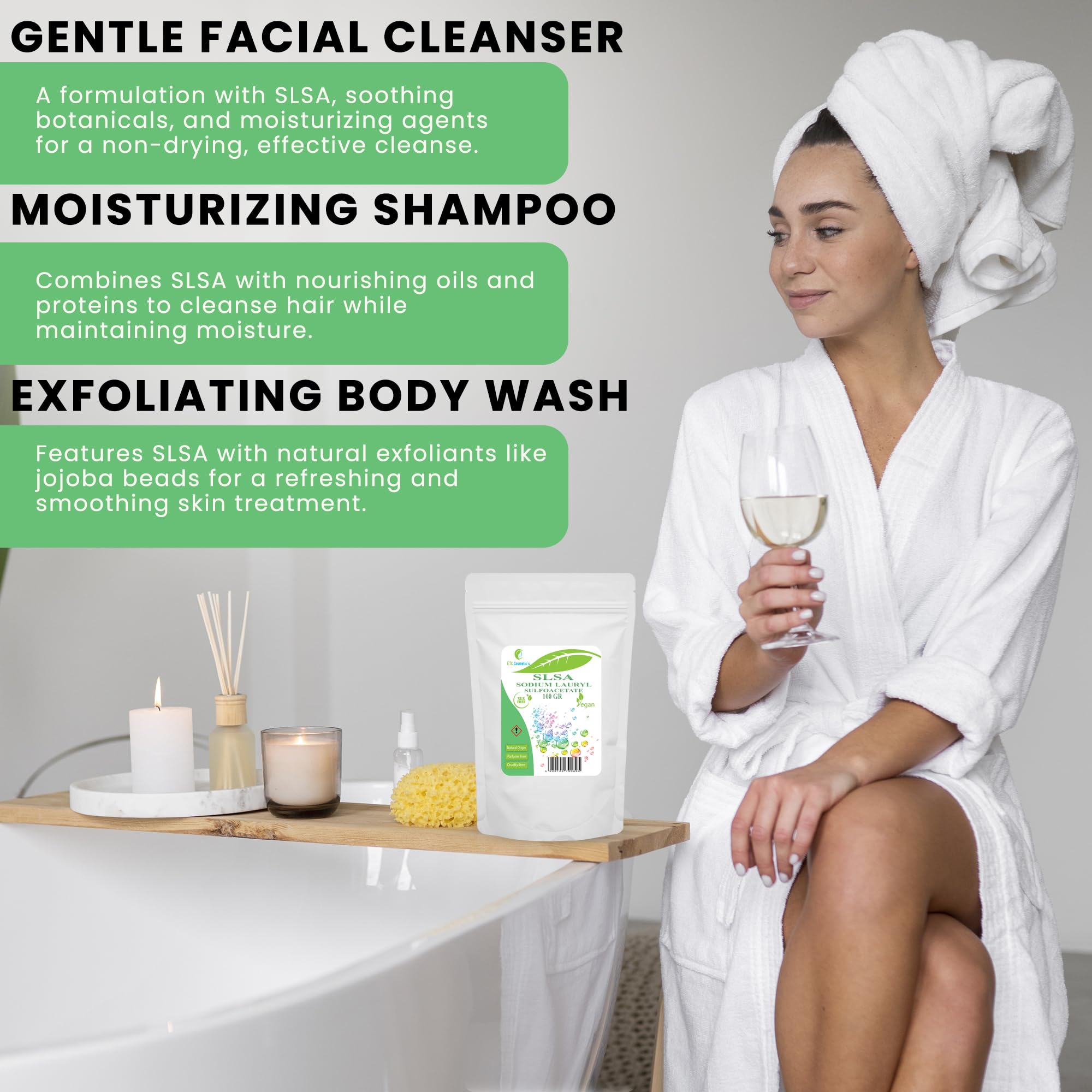 Surfactante SLSA, 100gr | Lauril sulfoacetato de sodio | Jabón espumoso Bombas de baño Barras de burbujas | Surfactante de origen natural y sin perfume