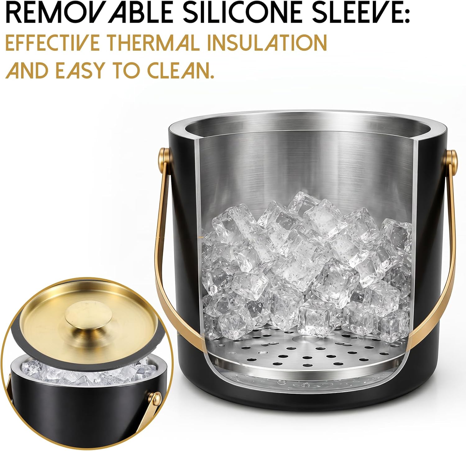 3L Modern Insulated Ice Bucket with Silicone Lid, Scoop, Strainer Double Wall Insulated Stainless Steel Ice-Bucket Metal-Ice Bucket for Parties Cocktail Bar, Outdoor Champagne Ice Container Bin(Black）