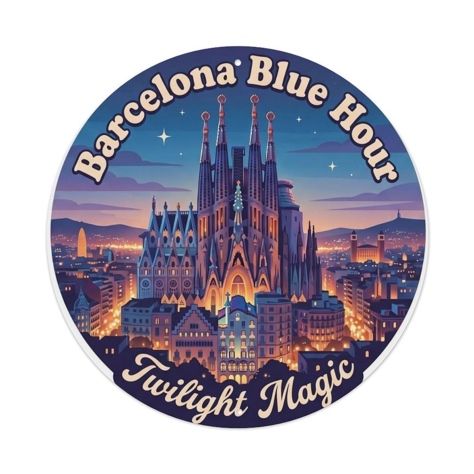 Barcelona Blue Hour Catalan Retro Travel Spanish Cityscape Metal Tin Sign Plaque Wall Decor for Cafe, Man Cave, Club Bar, Office, Home Garden Round Metal Poster 8x8Inch