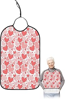 BOBOWUNY Valentines Adult Bibs for Elder Women Men Eating, Filling Pink Love Heart Romantic Waterproof & Washable Bibs for Eating Clothing Protector Dining Bibs for Crumb Catcher