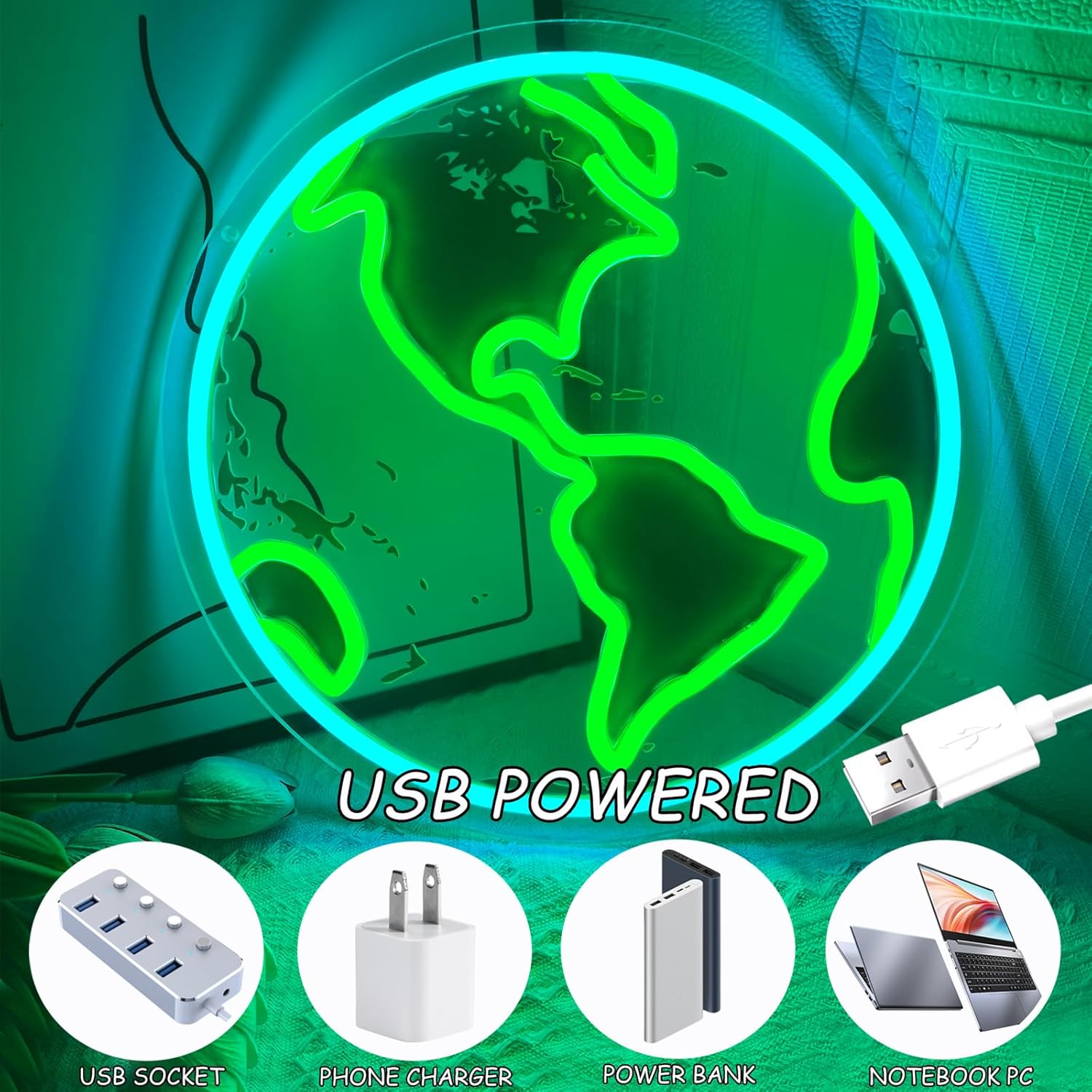 Earth Neon Sign Dimmable USB Powered Planet Led Neon Signs World Neon Light Up Sign for Kids Students Bedroom Science Classroom Wall Decor Living Room Man Cave Birthday Party Present
