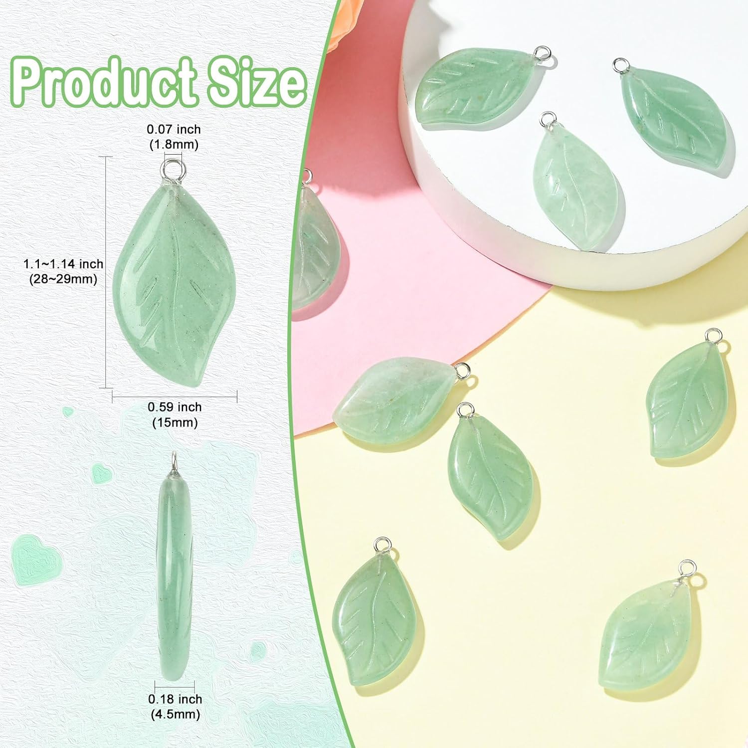Stiesy 10 Pcs Natural Aventurine Leaf Charms Carved Green Stone Pendants Leaf Shape Gemstone Beads Charms Bulk for DIY Bracelet Necklace Jewelry Crafts Making image 2