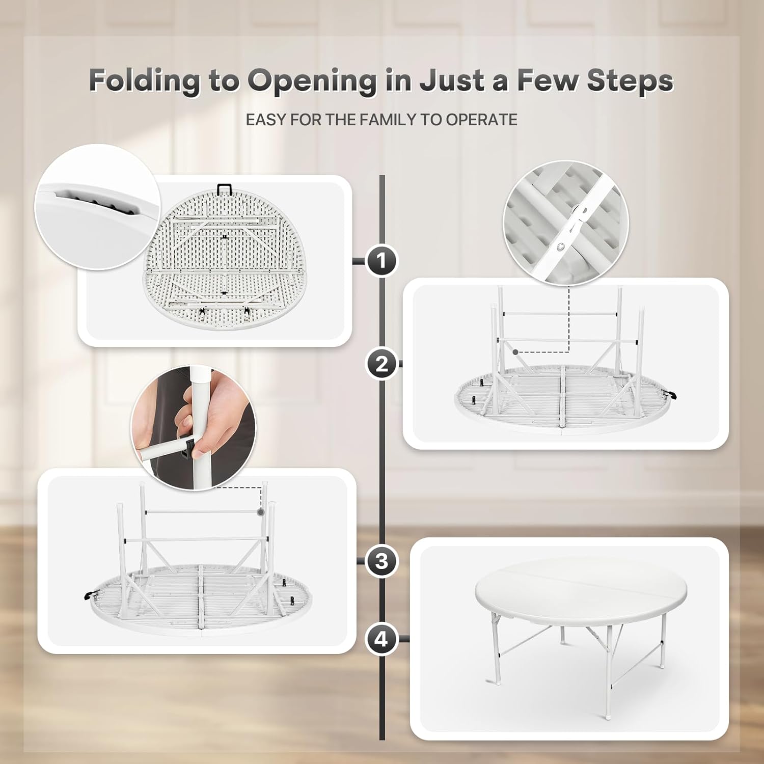 Athena Collection 5ft Folding Table, Portable Plastic Round Table Foldable Card Desk, Indoor Outdoor Collapsible Craft Desk Dining with Lock & Handle for Commercial Party Camping, White Legs