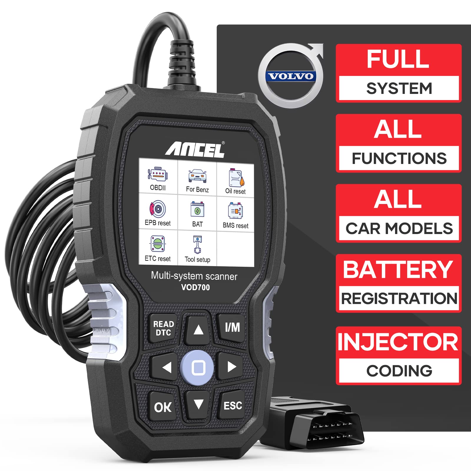 ANCEL VOD700 All System OBD2 Scanner for Volvo Car Code Reader Full Function Diagnostic Scan Tool ABS Bleeding Injector Oil ETC SRL BMS EPB TPMS DPF ...