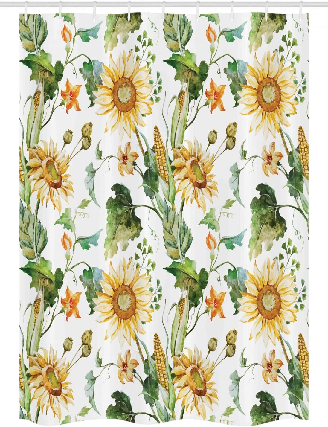 Ambesonne Sunflower Stall Shower Curtain, Sunflower and Corn Pattern Agriculture Rural Plants Nature Closeup Classic Design, Fabric Bathroom Decor Set with Hooks, 54" W x 78" L, Multicolor