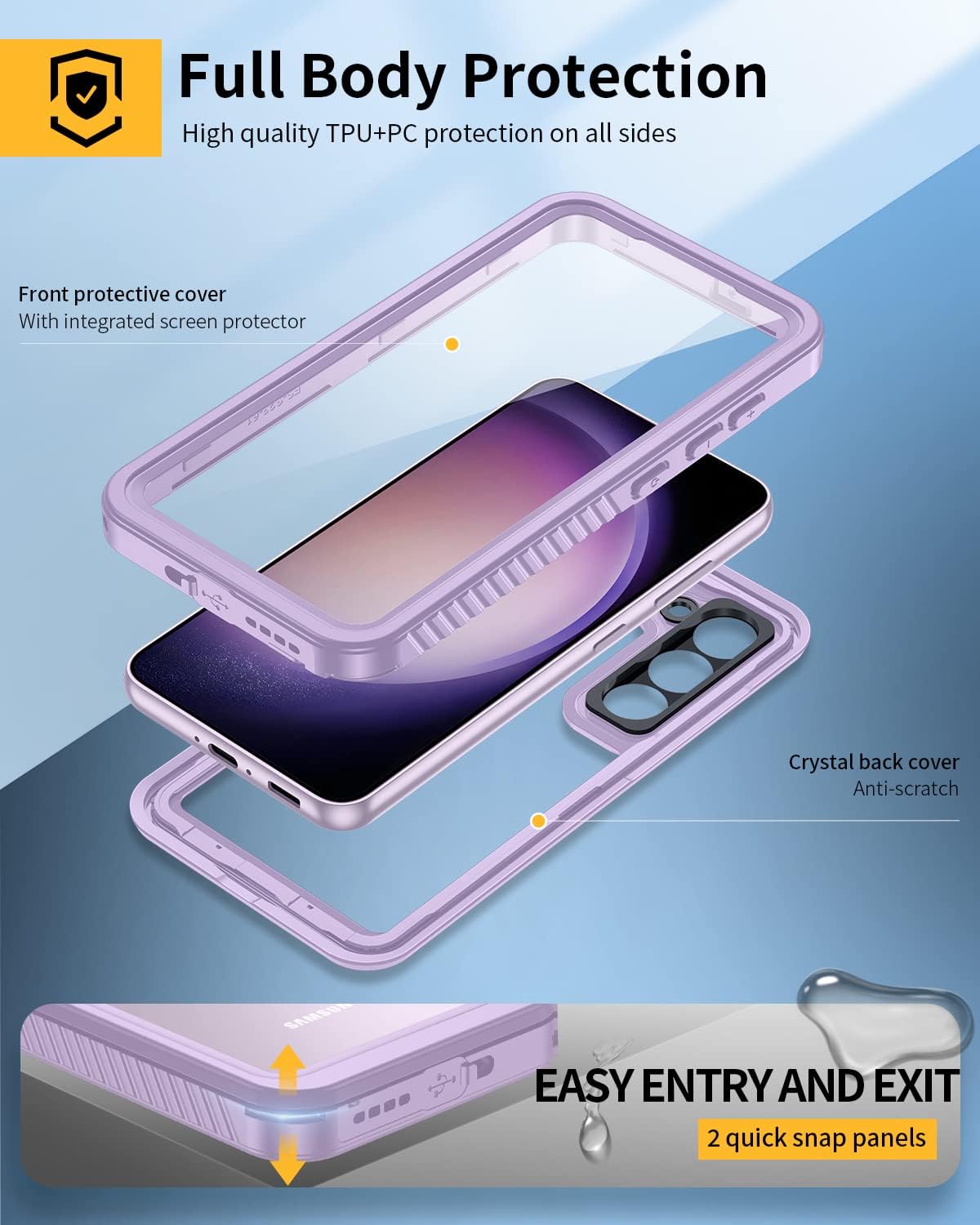 Lanhiem for Samsung Galaxy S23 Case (Not for S23 Plus), IP68 Waterproof Dustproof Case with Built-in Screen Protector, Heavy Duty Full Body Protective Cover for Galaxy S23 5G 6.1 Inch, Purple